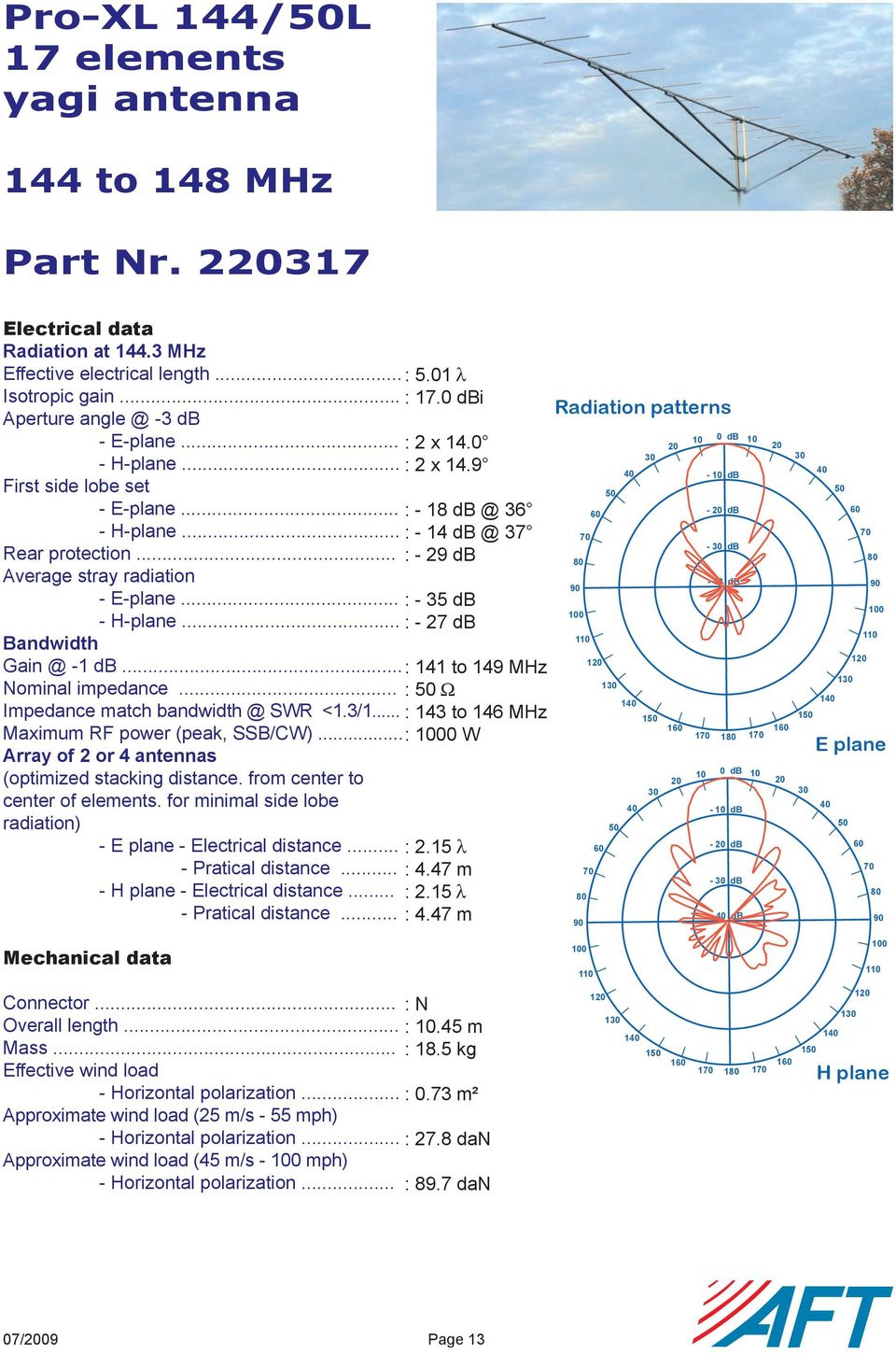 146 MHz : 0 W Maximum RF power (peak, SSB/CW) (optimized stacking distance from center to center of elements for minimal side lobe - - Electrical distance - Pratical distance - - Electrical distance