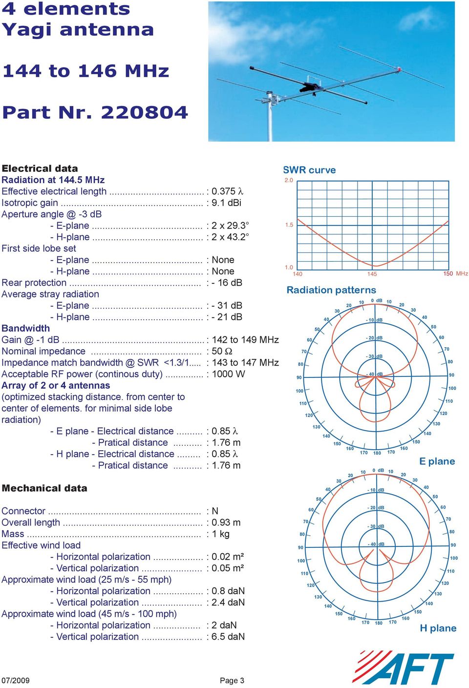 Pratical distance - - Electrical distance - Pratical distance : 0375 λ : 91 dbi : 2 x 293 : 2 x 432 : None : None : - 16 db : - 31 db : - 21 db : 142 to 149 MHz : Ω : 143 to 147 MHz : 0 W : 085 λ :