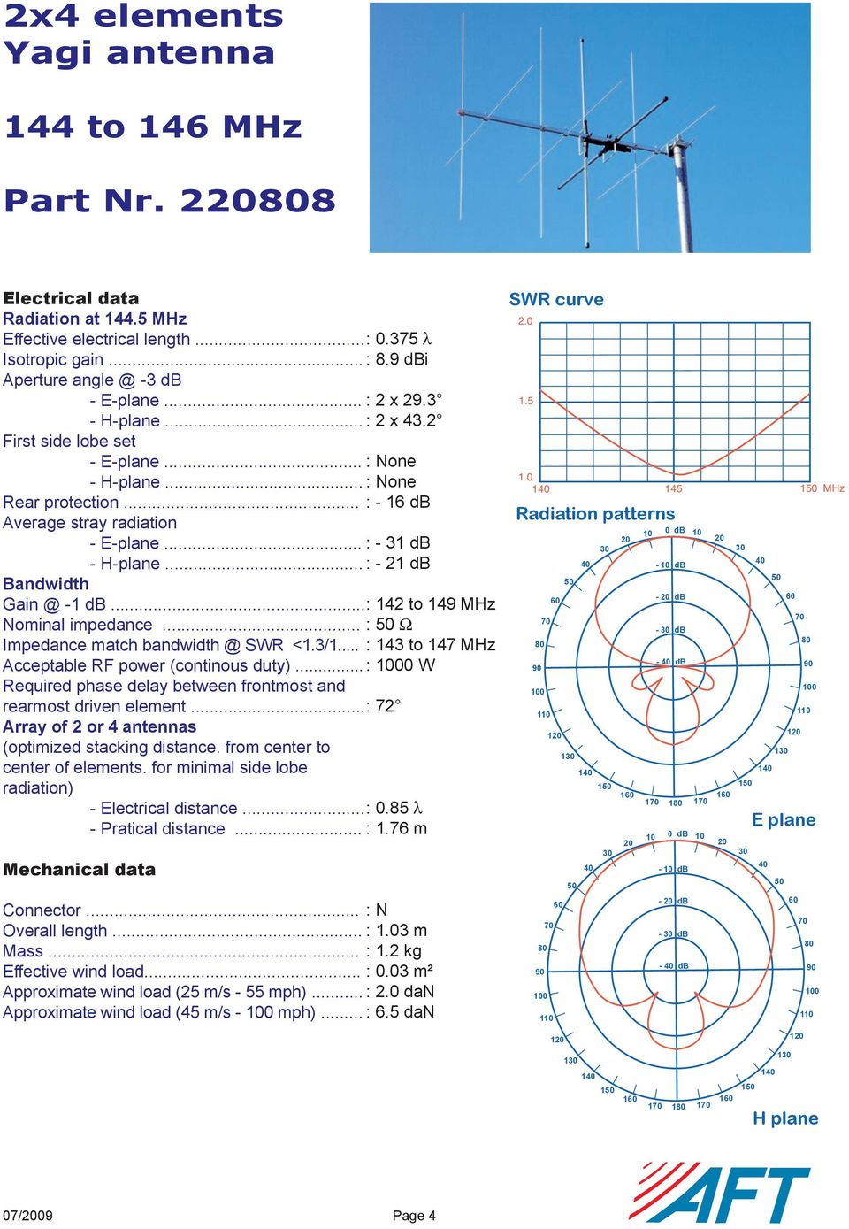 (continous duty) : 0 W Required phase delay between frontmost and : 72 rearmost driven element (optimized stacking distance from center to center of elements for minimal side lobe - Electrical