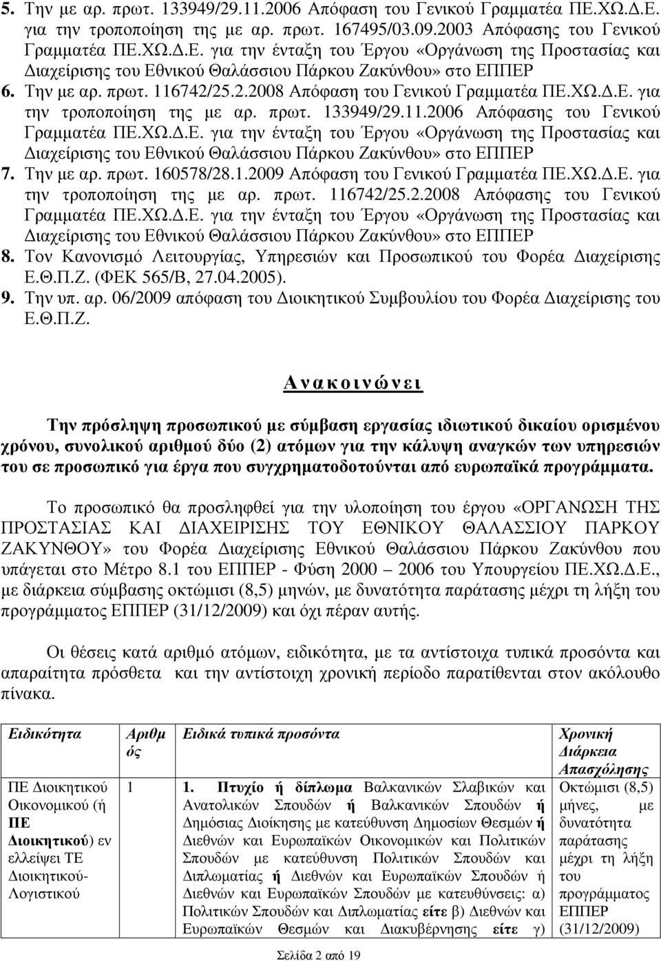 Την µε αρ. πρωτ. 160578/28.1.2009 Απόφαση του Γενικού Γραµµατέα ΠΕ.ΧΩ..Ε. για την τροποποίηση της µε αρ. πρωτ. 116742/25.2.2008 Απόφασης του Γενικού Γραµµατέα ΠΕ.ΧΩ..Ε. για την ένταξη του Έργου «Οργάνωση της Προστασίας και ιαχείρισης του Εθνικού Θαλάσσιου Πάρκου Ζακύνθου» στο ΕΠΠΕΡ 8.