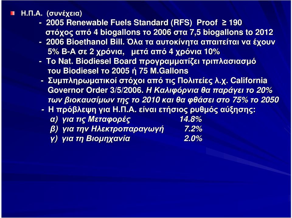 Biodiesel Board προγραµµατίζει τριπλασιασµό του Biodiesel το 2005 ή 75 Μ.Gallons - Συµπληρωµατικοί στόχοι από τις Πολιτείες λ.χ. California Governor Order 3/5/2006.