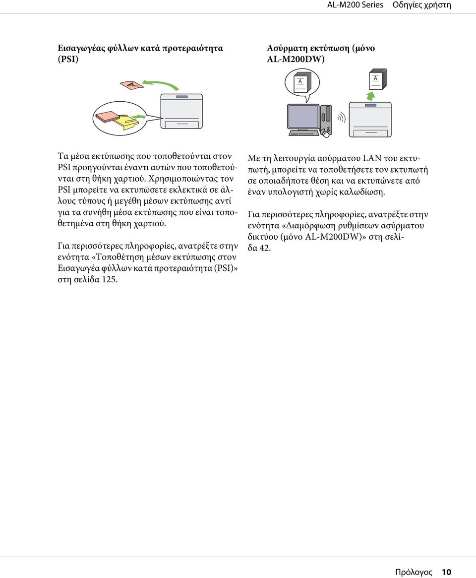 Για περισσότερες πληροφορίες, ανατρέξτε στην ενότητα «Τοποθέτηση μέσων εκτύπωσης στον Εισαγωγέα φύλλων κατά προτεραιότητα (PSI)» στη σελίδα 125.