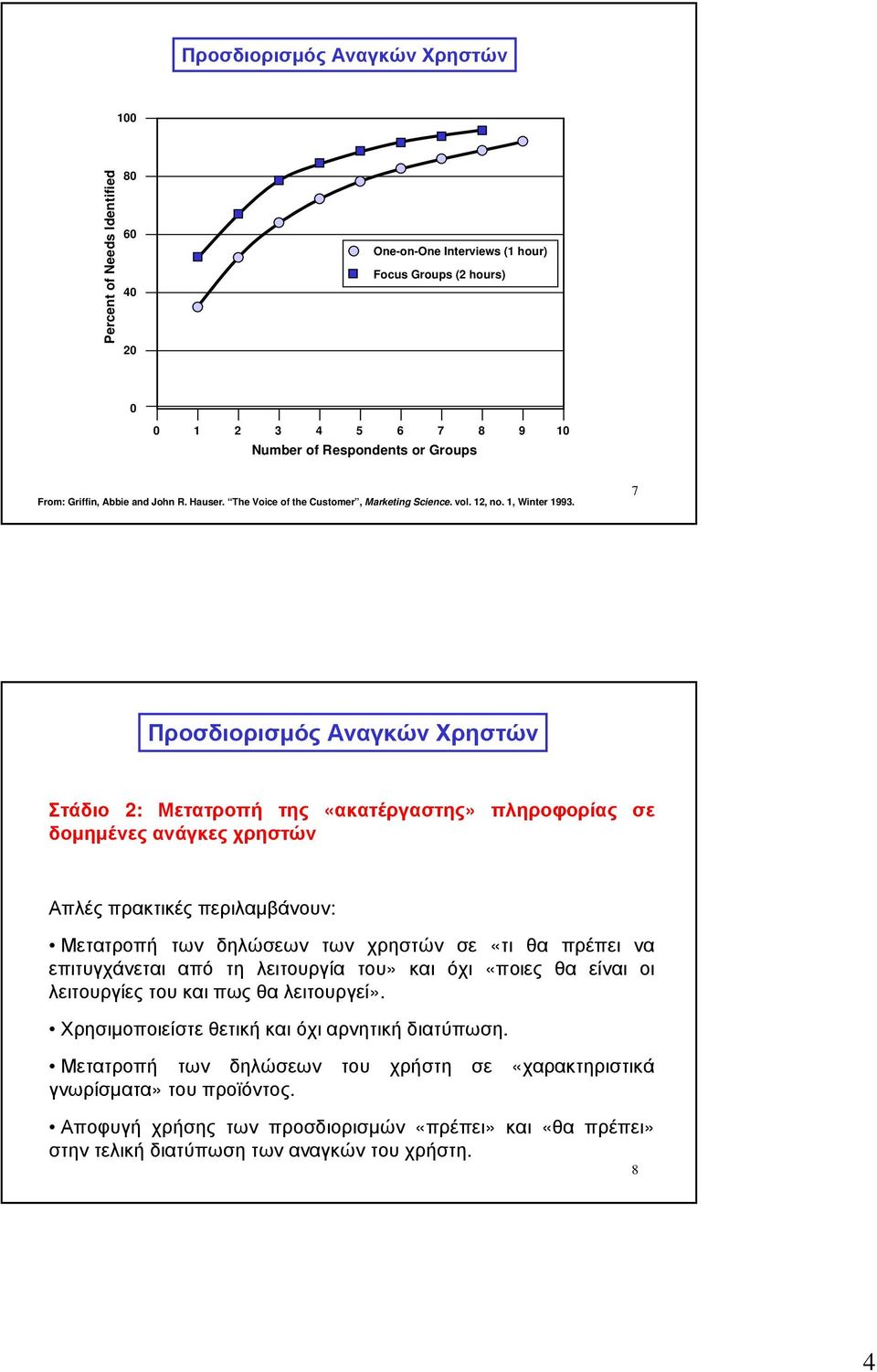 7 Στάδιο 2: Μετατροπή της «ακατέργαστης» δοµηµένες ανάγκες χρηστών πληροφορίας σε Απλές πρακτικές περιλαµβάνουν: Μετατροπή των δηλώσεων των χρηστών σε «τι θα πρέπει να επιτυγχάνεται από τη