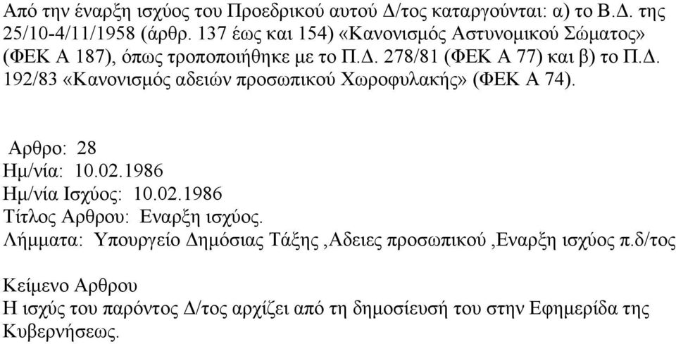 Δ. 192/83 «Κανονισμός αδειών προσωπικού Χωροφυλακής» (ΦΕΚ Α 74). Αρθρο: 28 Τίτλος Αρθρου: Εναρξη ισχύος.