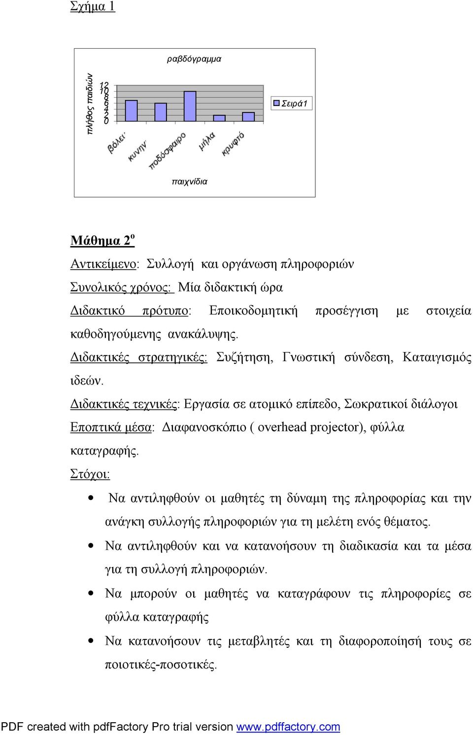 Διδακτικές τεχνικές: Εργασία σε ατομικό επίπεδο, Σωκρατικοί διάλογοι Εποπτικά μέσα: Διαφανοσκόπιο ( overhead projector), φύλλα καταγραφής.