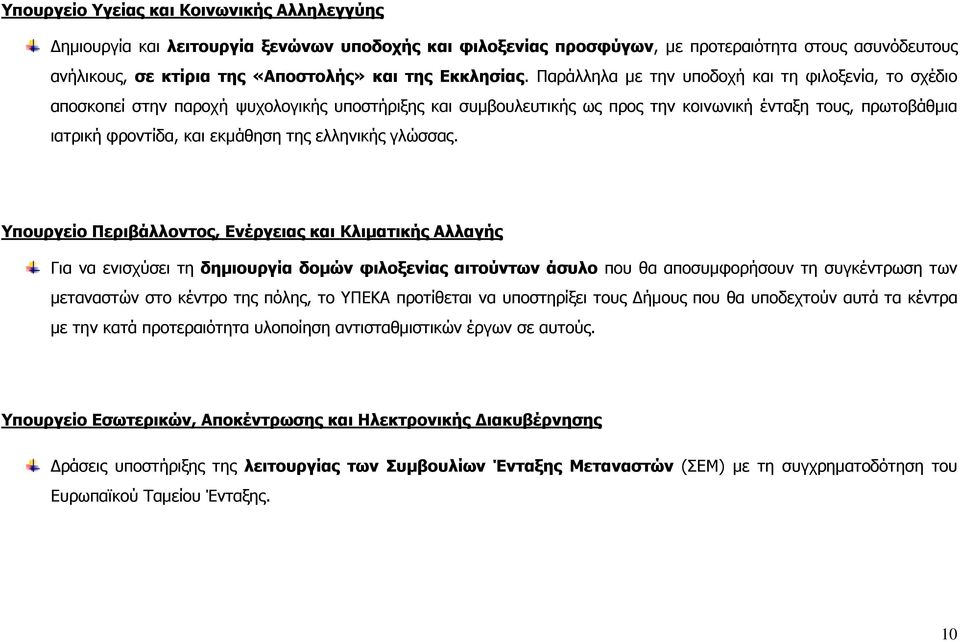 Παράλληλα µε την υποδοχή και τη φιλοξενία, το σχέδιο αποσκοπεί στην παροχή ψυχολογικής υποστήριξης και συµβουλευτικής ως προς την κοινωνική ένταξη τους, πρωτοβάθµια ιατρική φροντίδα, και εκµάθηση της