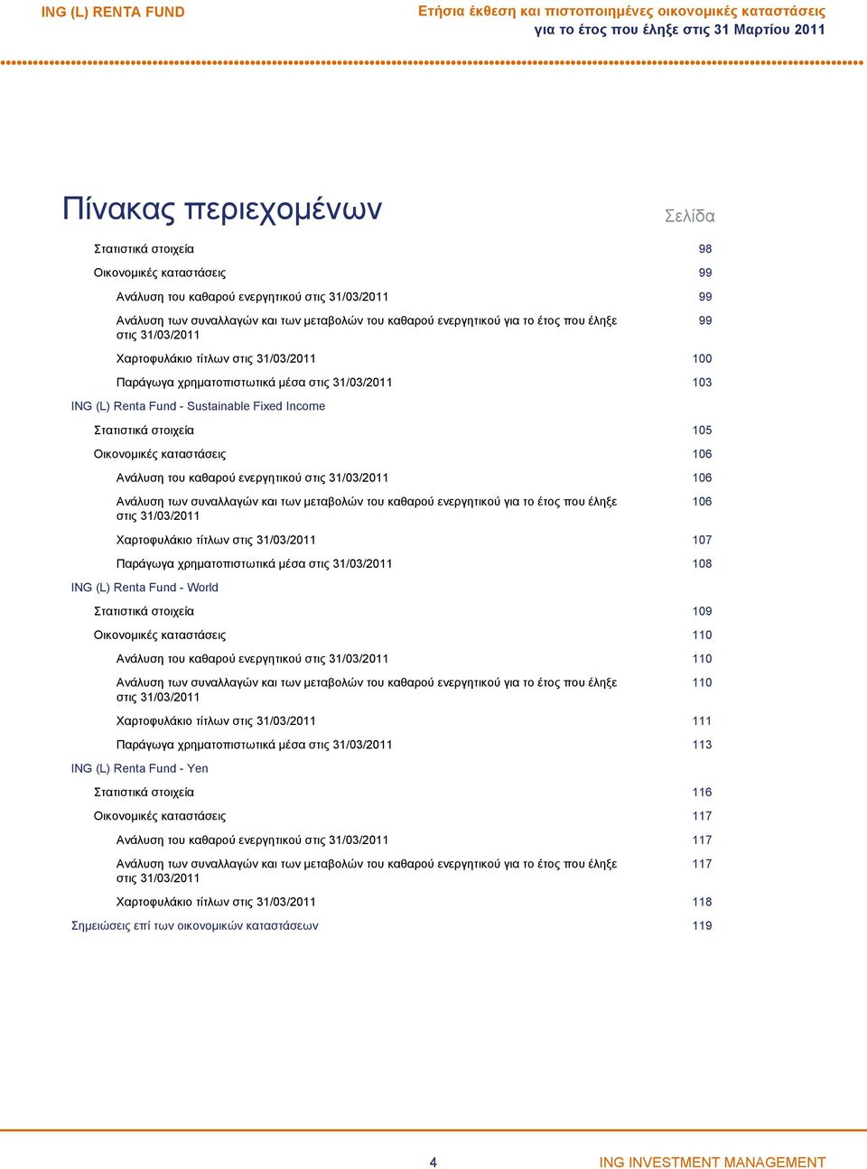 Sustainable Fixed Income Στατιστικά στοιχεία 105 Οικονομικές καταστάσεις 106 Ανάλυση του καθαρού ενεργητικού στις 31/03/2011 106 Ανάλυση των συναλλαγών και των μεταβολών του καθαρού ενεργητικού για