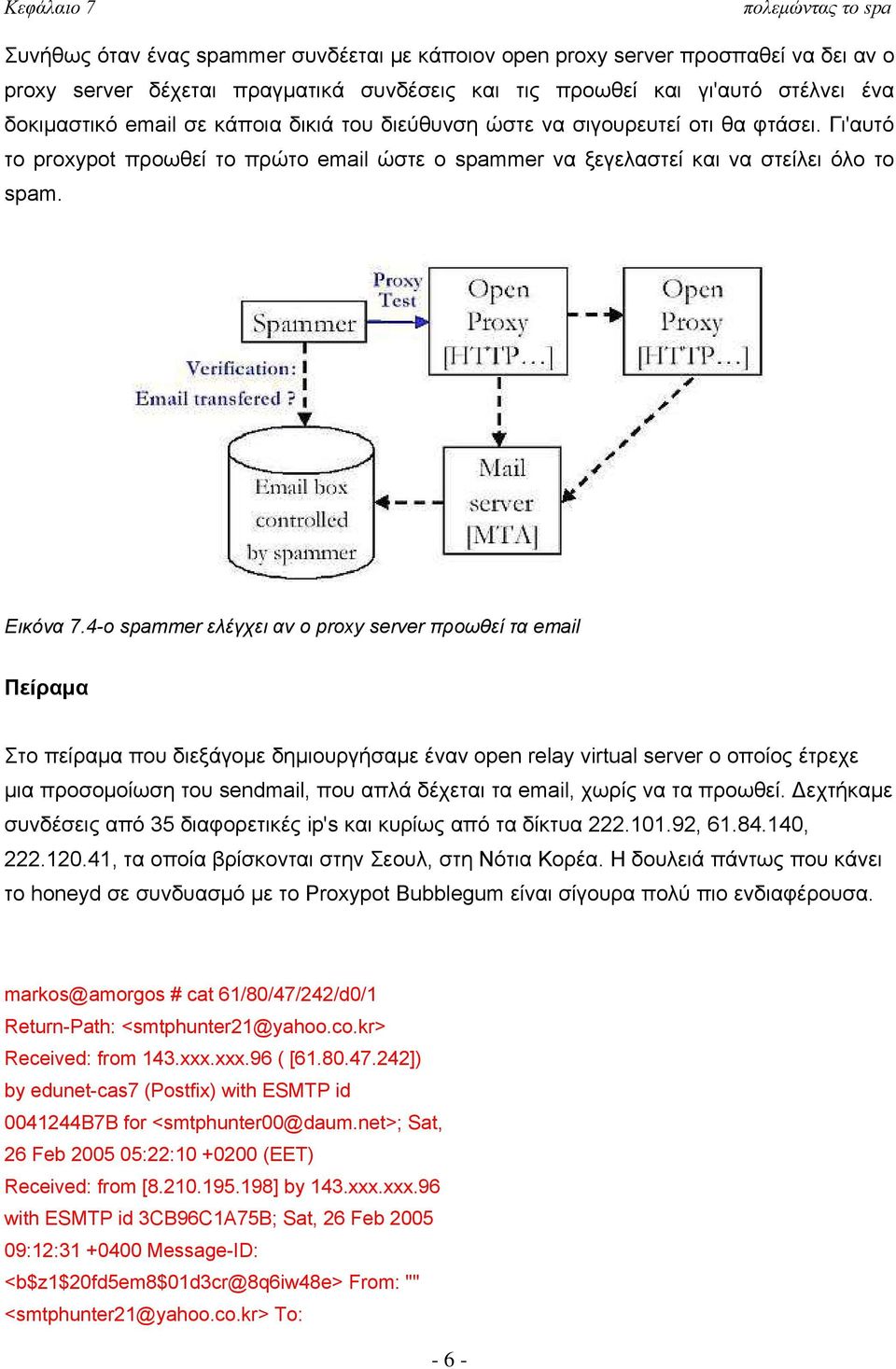 4-ο spammer ελέγχει αν ο proxy server προωθεί τα email Πείραμα Στο πείραμα που διεξάγομε δημιουργήσαμε έναν open relay virtual server ο οποίος έτρεχε μια προσομοίωση του sendmail, που απλά δέχεται τα