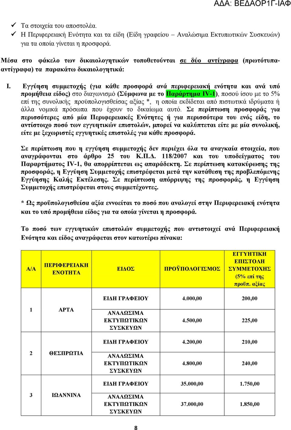 Εγγύηση συμμετοχής (για κάθε προσφορά ανά περιφερειακή ενότητα και ανά υπό προμήθεια είδος) στο διαγωνισμό (Σύμφωνα με το Παράρτημα ΙV-1), ποσού ίσου με το 5% επί της συνολικής προϋπολογισθείσας