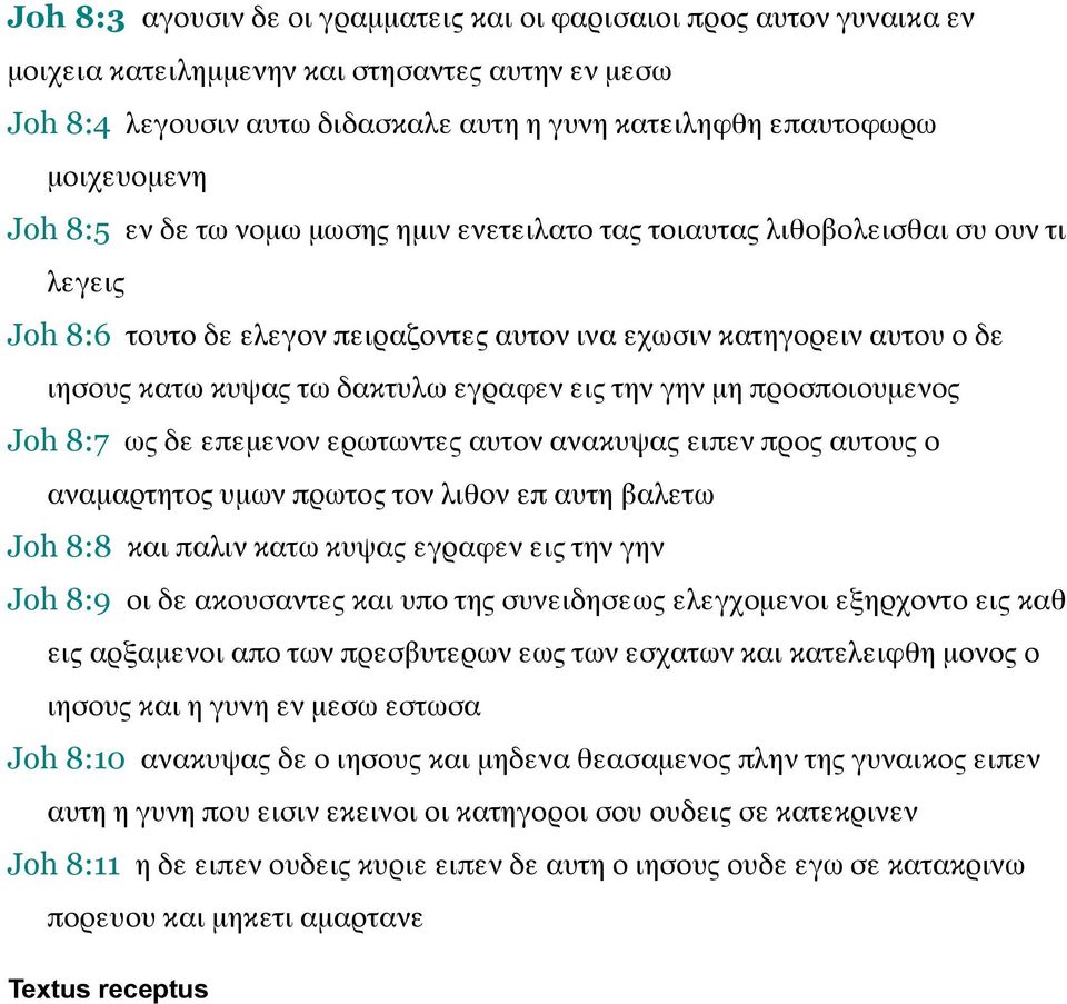 εις την γην μη προσποιουμενος Joh 8:7 ως δε επεμενον ερωτωντες αυτον ανακυψας ειπεν προς αυτους ο αναμαρτητος υμων πρωτος τον λιθον επ αυτη βαλετω Joh 8:8 και παλιν κατω κυψας εγραφεν εις την γην Joh