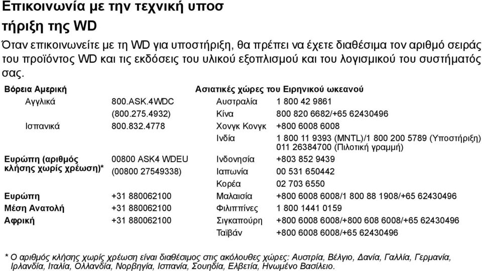 4778 Χονγκ Κονγκ +800 6008 6008 Ινδία 1 800 11 9393 (MNTL)/1 800 200 5789 (Υποστήριξη) 011 26384700 (Πιλοτική γραμμή) Ευρώπη (αριθμός κλήσης χωρίς χρέωση)* 00800 ASK4 WDEU Ινδονησία +803 852 9439