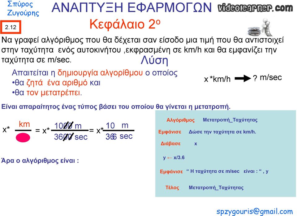 x *km/h Είναι απαραίτητος ένας τύπος βάσει του οποίου θα γίνεται η μετατροπή.? m/sec x* km h = x* 1000 m 3600 sec 10 = x* 3.