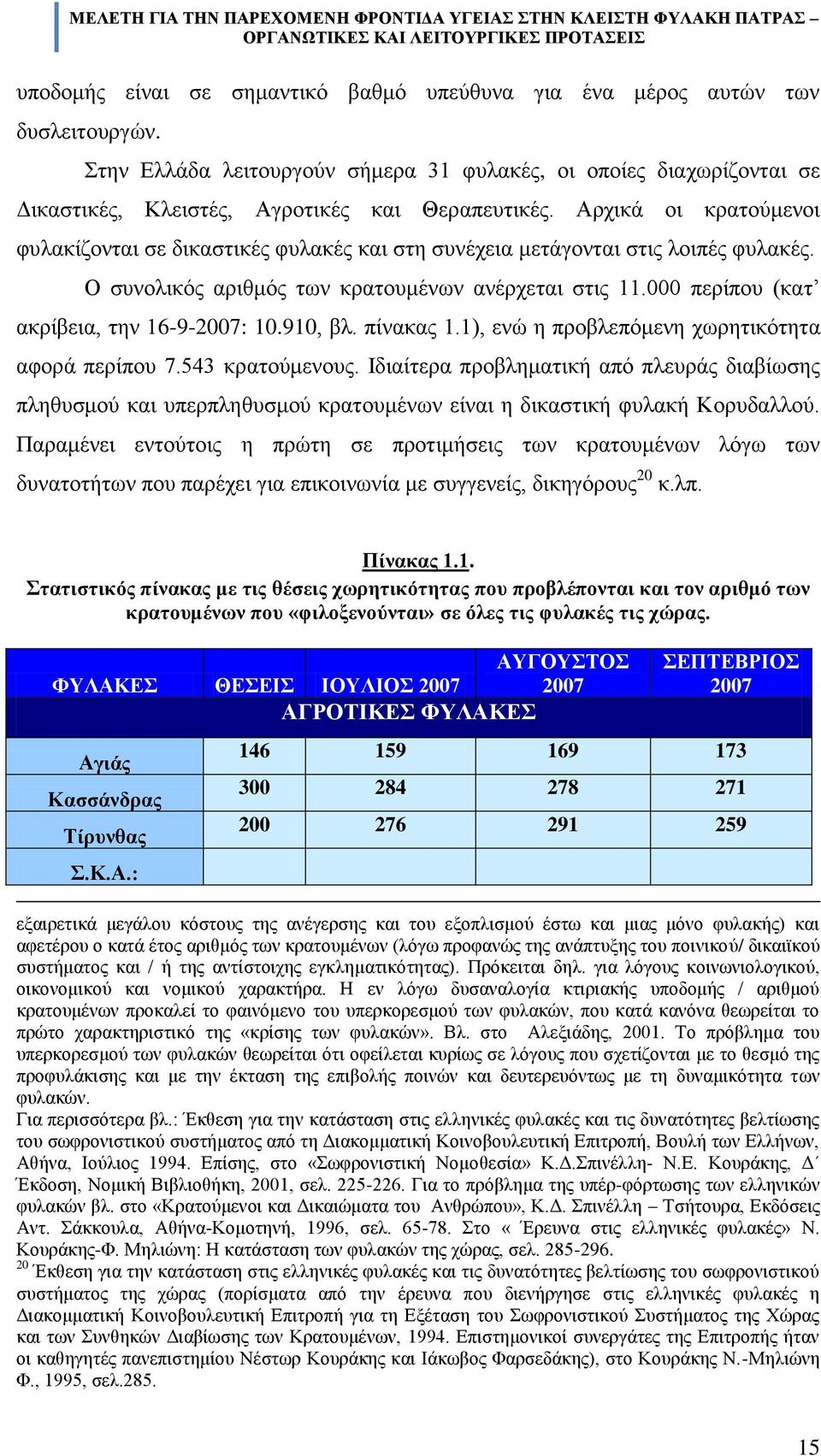 000 πεξέπνπ (θαη αθξέβεηα, ηελ 16-9-2007: 10.910, βι. πέλαθαο 1.1), ελψ ε πξνβιεπφκελε ρσξεηηθφηεηα αθνξϊ πεξέπνπ 7.543 θξαηνχκελνπο.