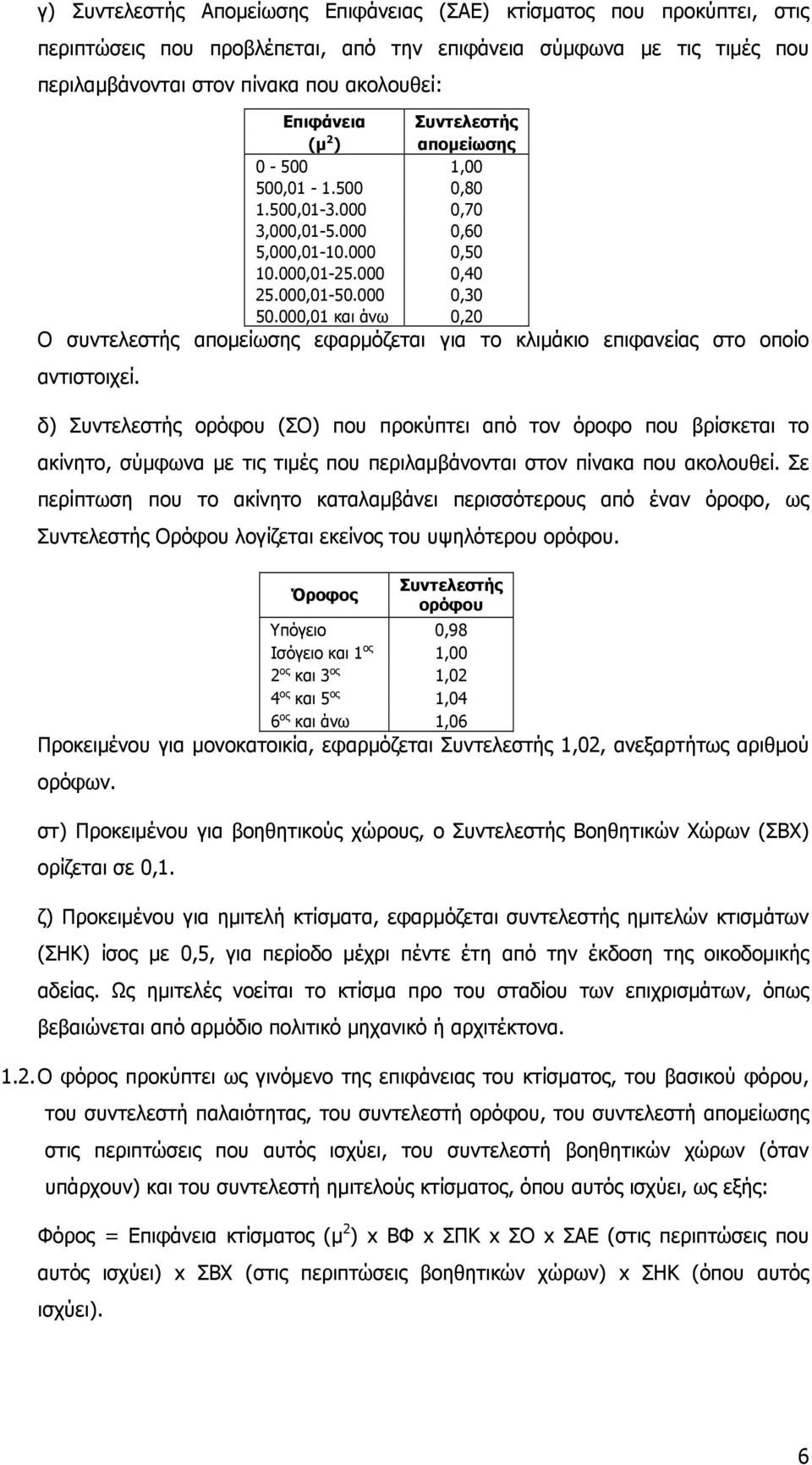 000,01 και άνω 0,20 Ο συντελεστής αποµείωσης εφαρµόζεται για το κλιµάκιο επιφανείας στο οποίο αντιστοιχεί.