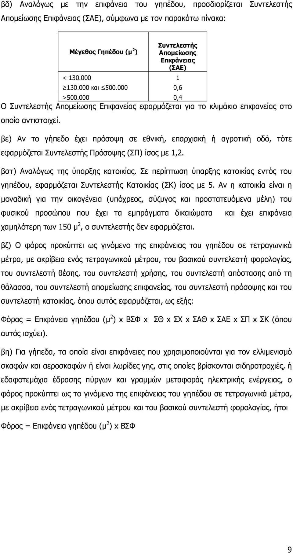 βε) Αν το γήπεδο έχει πρόσοψη σε εθνική, επαρχιακή ή αγροτική οδό, τότε εφαρµόζεται Πρόσοψης (ΣΠ) ίσος µε 1,2. βστ) Αναλόγως της ύπαρξης κατοικίας.