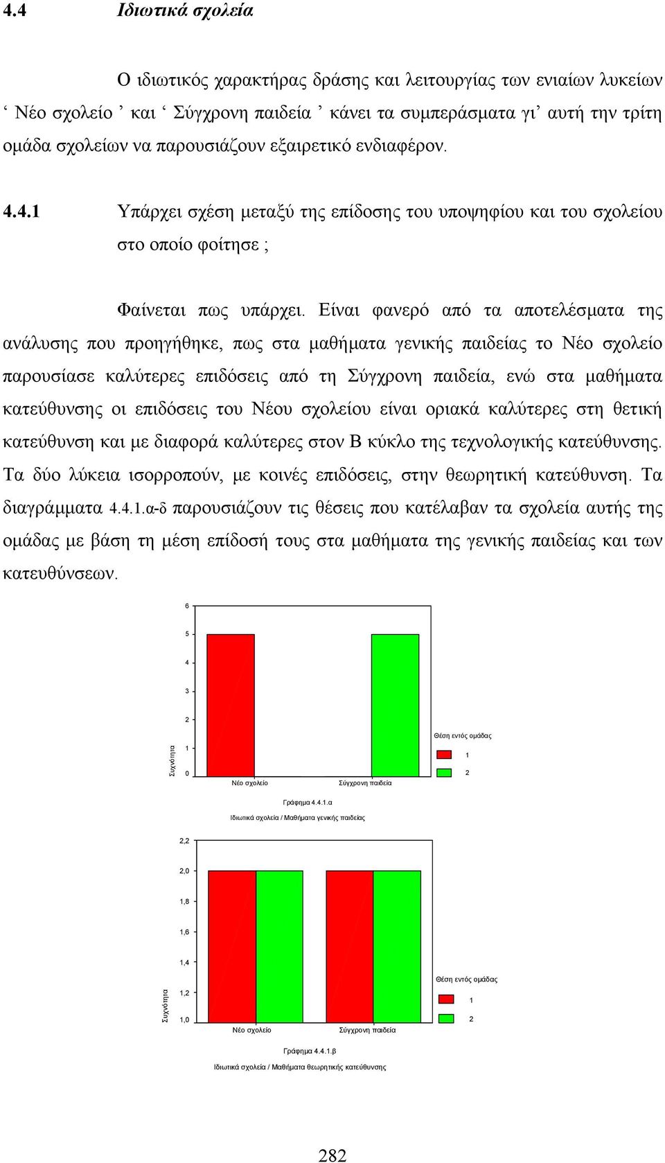 Είναι φανερό από τα αποτελέσµατα της ανάλυσης που προηγήθηκε, πως στα µαθήµατα γενικής παιδείας το Νέο σχολείο παρουσίασε καλύτερες επιδόσεις από τη Σύγχρονη παιδεία, ενώ στα µαθήµατα κατεύθυνσης οι
