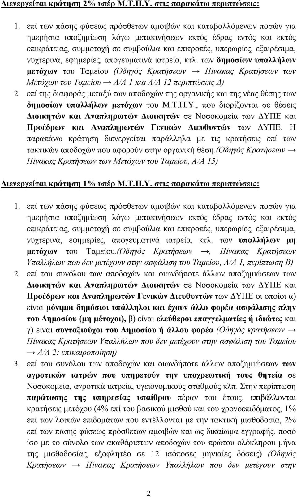 εξαιρέσιμα, νυχτερινά, εφημερίες, απογευματινά ιατρεία, κτλ. των δημοσίων υπαλλήλων μετόχων του Ταμείου (Οδηγός Κρατήσεων Πίνακας Κρατήσεων των Μετόχων του Ταμείου Α/Α 1 και Α/Α 12 περιπτώσεις Δ) 2.