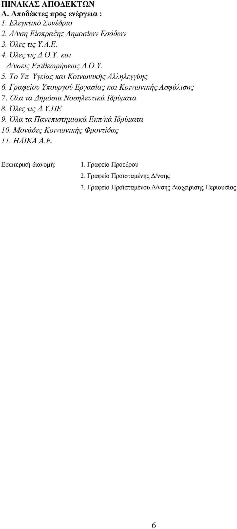 Γραφείου Υπουργού Εργασίας και Κοινωνικής Ασφάλισης 7. Όλα τα Δημόσια Νοσηλευτικά Ιδρύματα 8. Όλες τις Δ.Υ.ΠΕ 9.