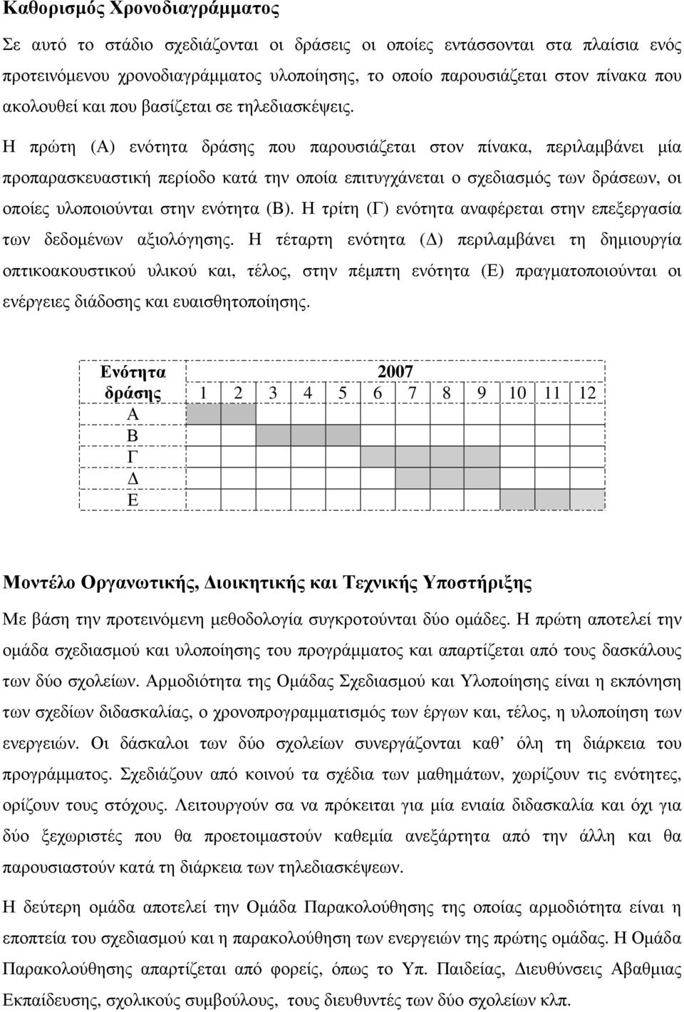 Η πρώτη (Α) ενότητα δράσης που παρουσιάζεται στον πίνακα, περιλαµβάνει µία προπαρασκευαστική περίοδο κατά την οποία επιτυγχάνεται ο σχεδιασµός των δράσεων, οι οποίες υλοποιούνται στην ενότητα (Β).