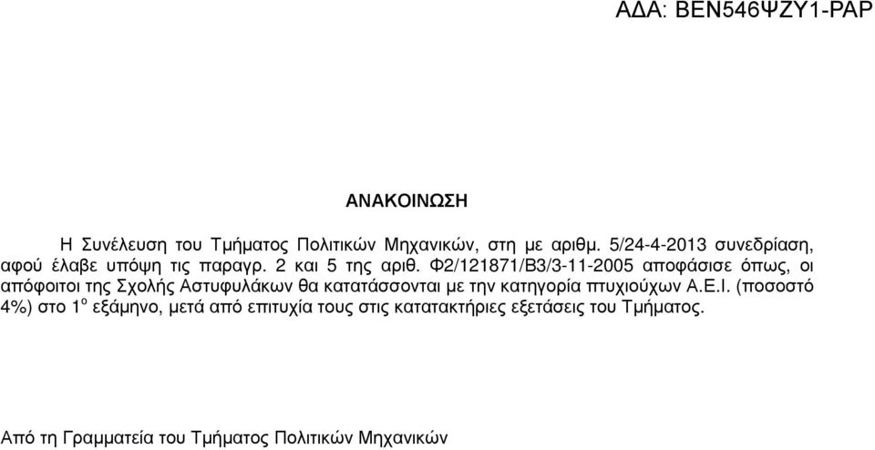Φ2/121871/Β3/3-11-2005 αποφάσισε όπως, οι απόφοιτοι της Σχολής Αστυφυλάκων θα κατατάσσονται µε την
