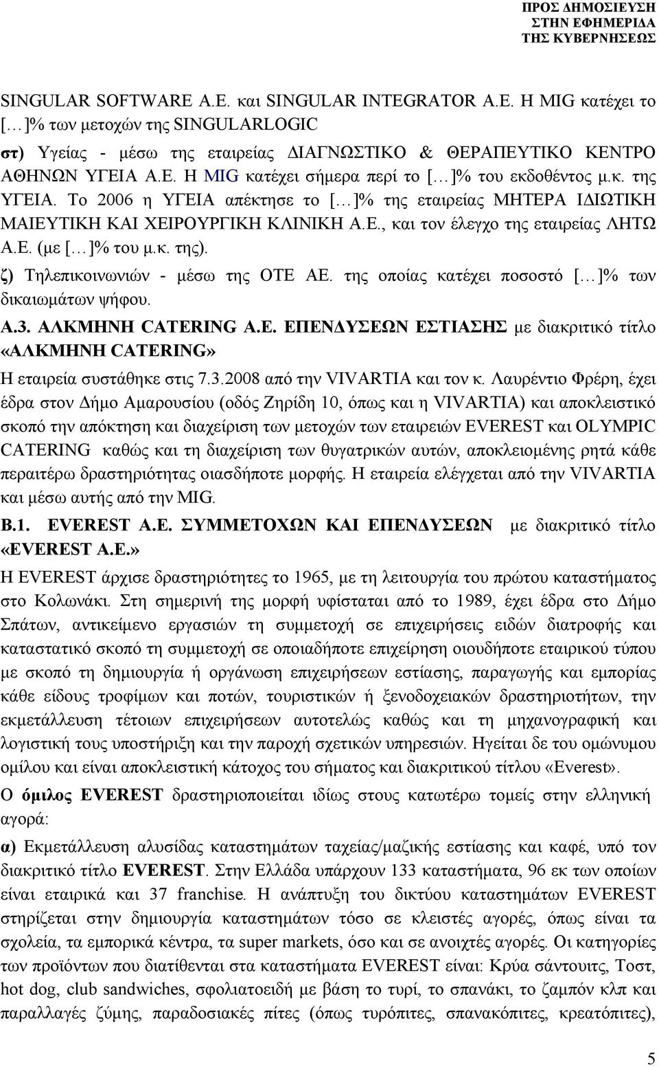 Ε. (με [ ]% του μ.κ. της). ζ) Τηλεπικοινωνιών - μέσω της ΟΤΕ ΑΕ. της οποίας κατέχει ποσοστό [ ]% των δικαιωμάτων ψήφου. Α.3. ΑΛΚΜΗΝΗ CATERING Α.Ε. ΕΠΕΝΔΥΣΕΩΝ ΕΣΤΙΑΣΗΣ με διακριτικό τίτλο «ΑΛΚΜΗΝΗ CATERING» Η εταιρεία συστάθηκε στις 7.