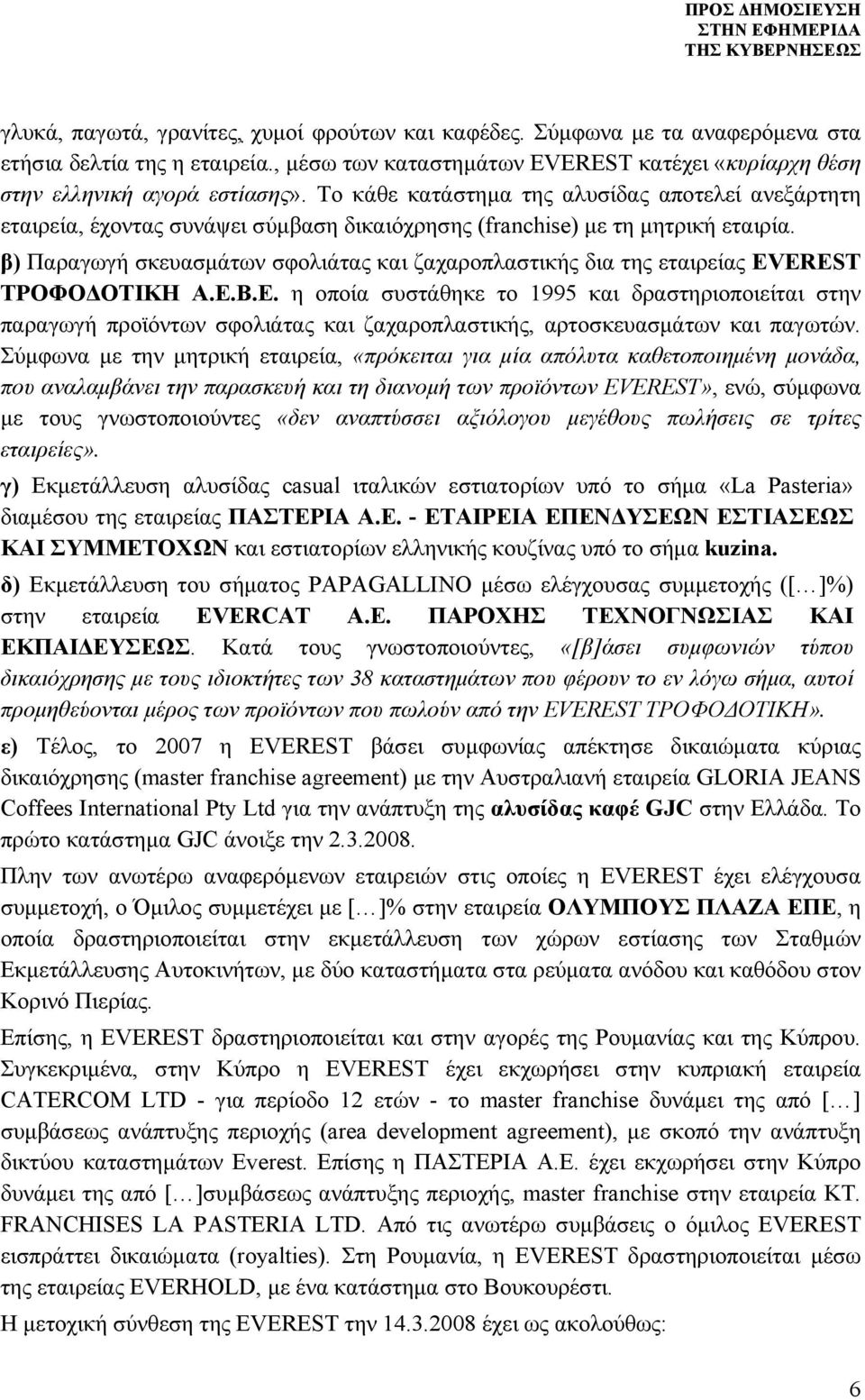 β) Παραγωγή σκευασμάτων σφολιάτας και ζαχαροπλαστικής δια της εταιρείας EVEREST ΤΡΟΦΟΔΟΤΙΚΗ Α.Ε.
