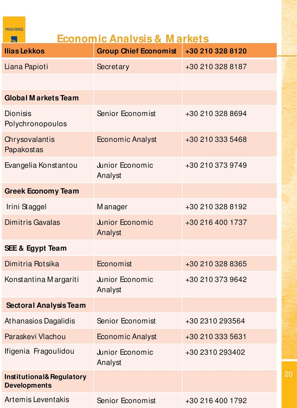 Egypt Team Junior Economic Analyst +3 216 4 1737 Dimitria Rotsika Economist +3 21 328 8365 Konstantina Margariti Sectoral Analysis Team Junior Economic Analyst +3 21 373 9642 Athanasios Dagalidis