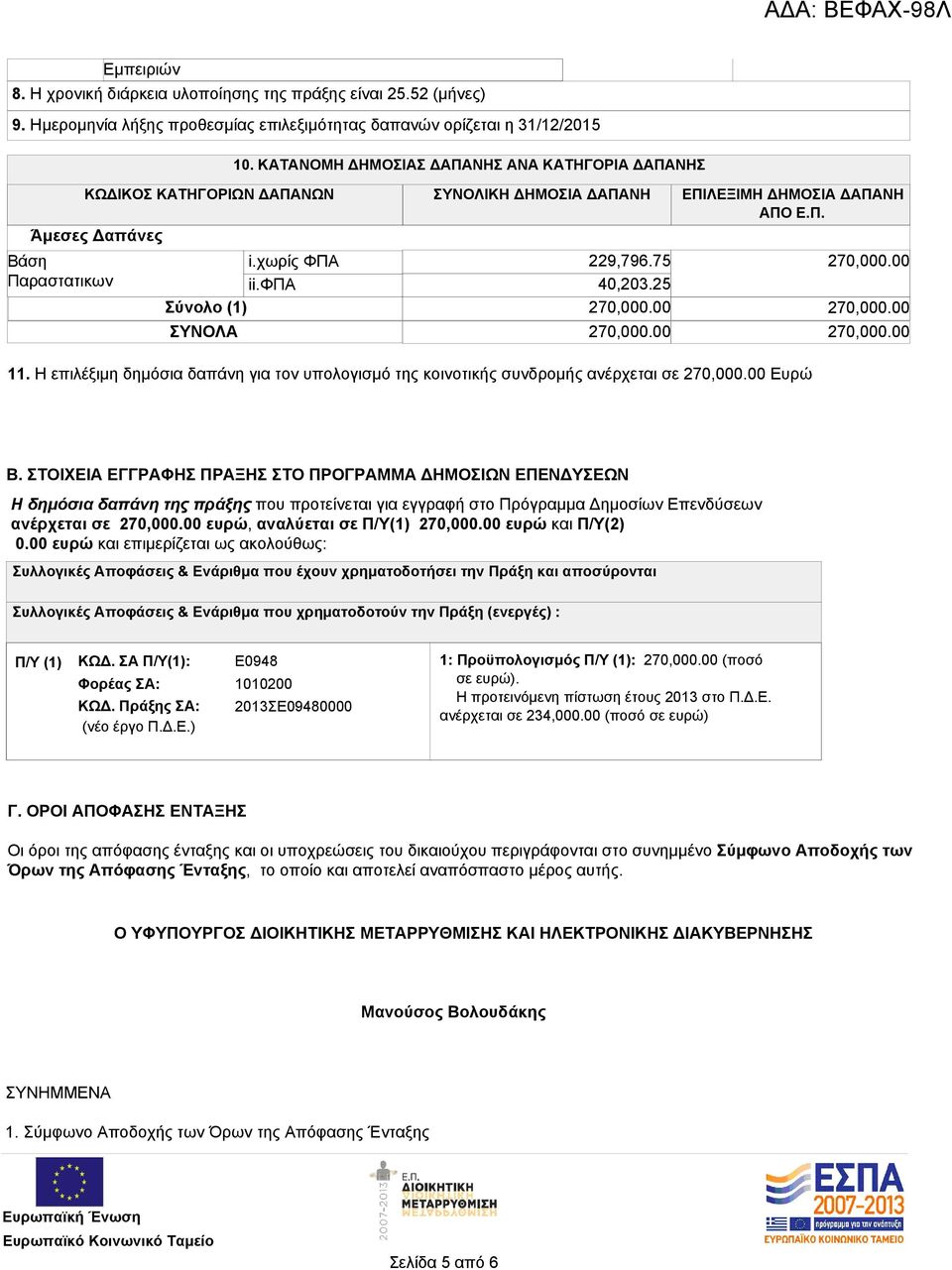 75 40,203.25 Σύνολο (1) 270,000.00 ΣΥΝΟΛΑ 270,000.00 270,000.00 270,000.00 270,000.00 11. Η επιλέξιμη δημόσια δαπάνη για τον υπολογισμό της κοινοτικής συνδρομής ανέρχεται σε 270,000.00 Ευρώ Β.