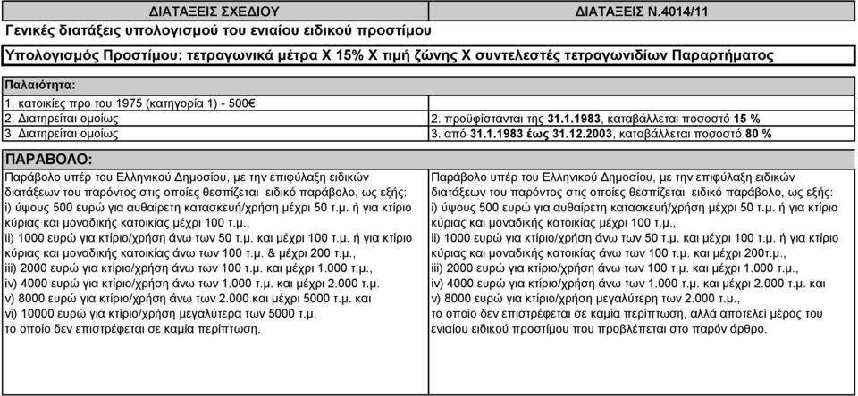 Διατηρείται ομοίως ΠΑΡΑΒΟΛΟ: Παράβολο υπέρ του Ελληνικού Δημοσίου, με την επιφύλαξη ειδικών διατάξεων του παρόντος στις οποίες θεσπίζεται ειδικό παράβολο, ως εξής: i) ύψους 500 ευρώ για αυθαίρετη