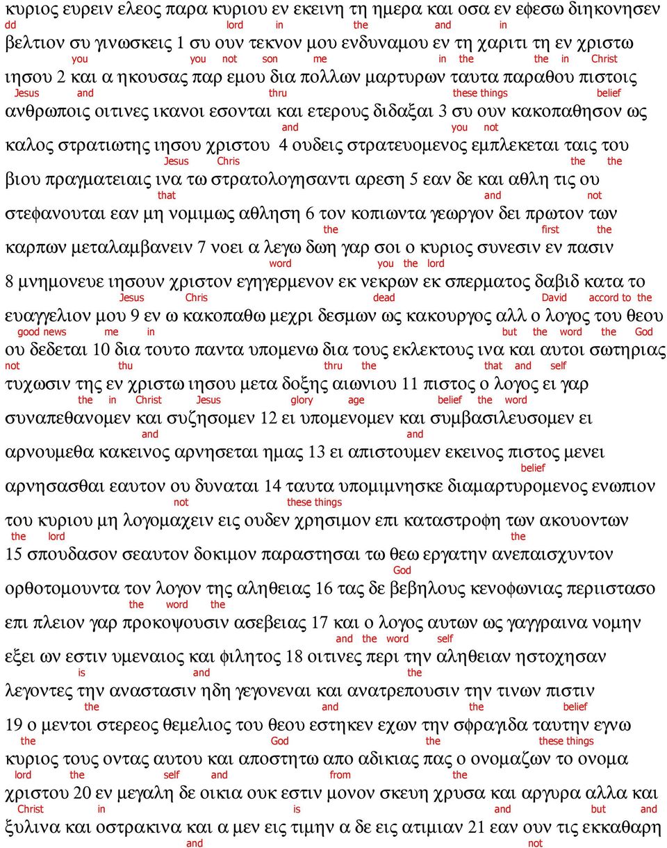 ως and you not καλος στρατιωτης ιησου χριστου 4 ουδεις στρατευοµενος εµπλεκεται ταις του Jesus Chris the the βιου πραγµατειαις ινα τω στρατολογησαντι αρεση 5 εαν δε και αθλη τις ου that and not