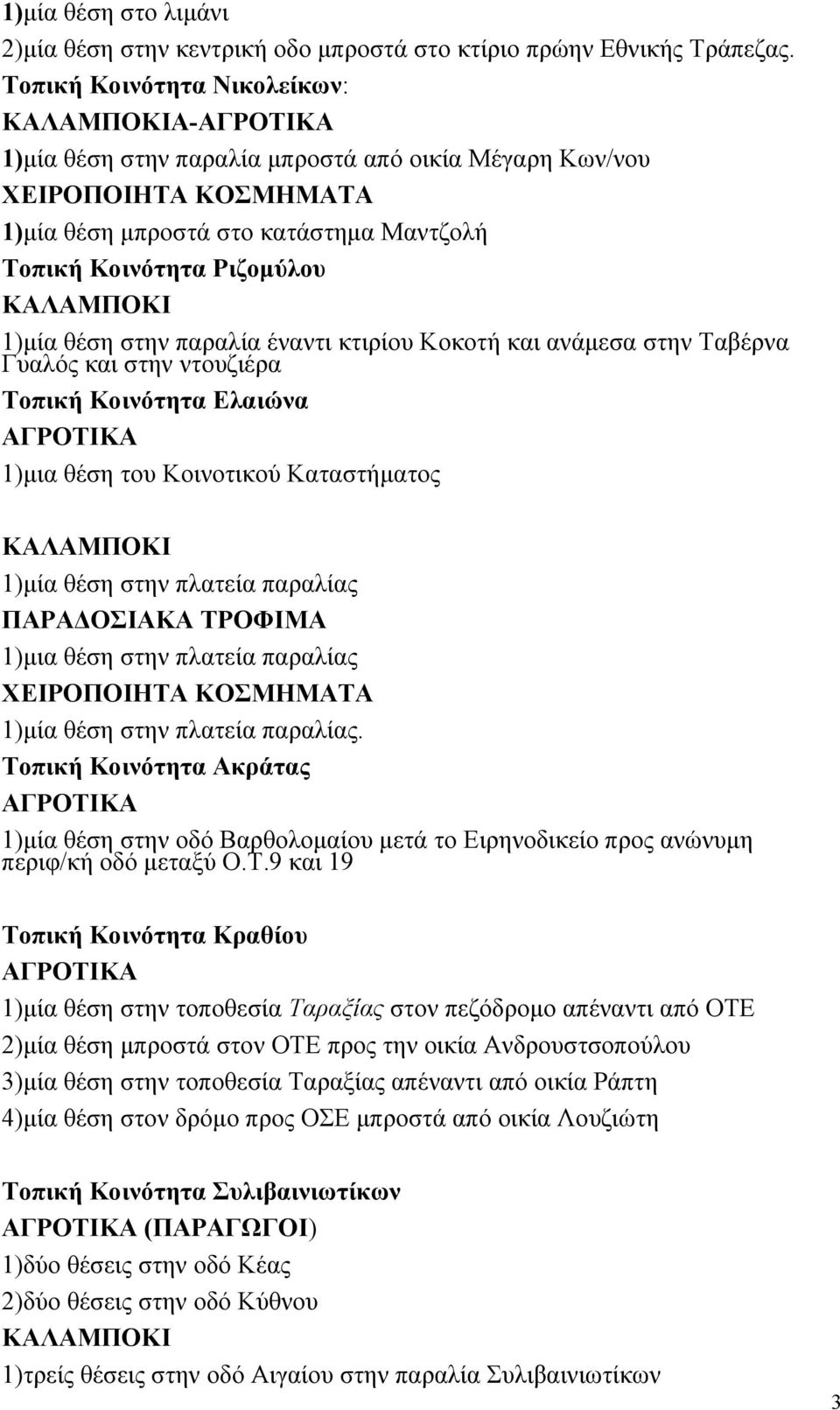 Κοκοτή και ανάμεσα στην Ταβέρνα Γυαλός και στην ντουζιέρα Τοπική Κοινότητα Ελαιώνα 1)μια θέση του Κοινοτικού Καταστήματος 1)μία θέση στην πλατεία παραλίας ΠΑΡΑΔΟΣΙΑΚΑ ΤΡΟΦΙΜΑ 1)μια θέση στην πλατεία