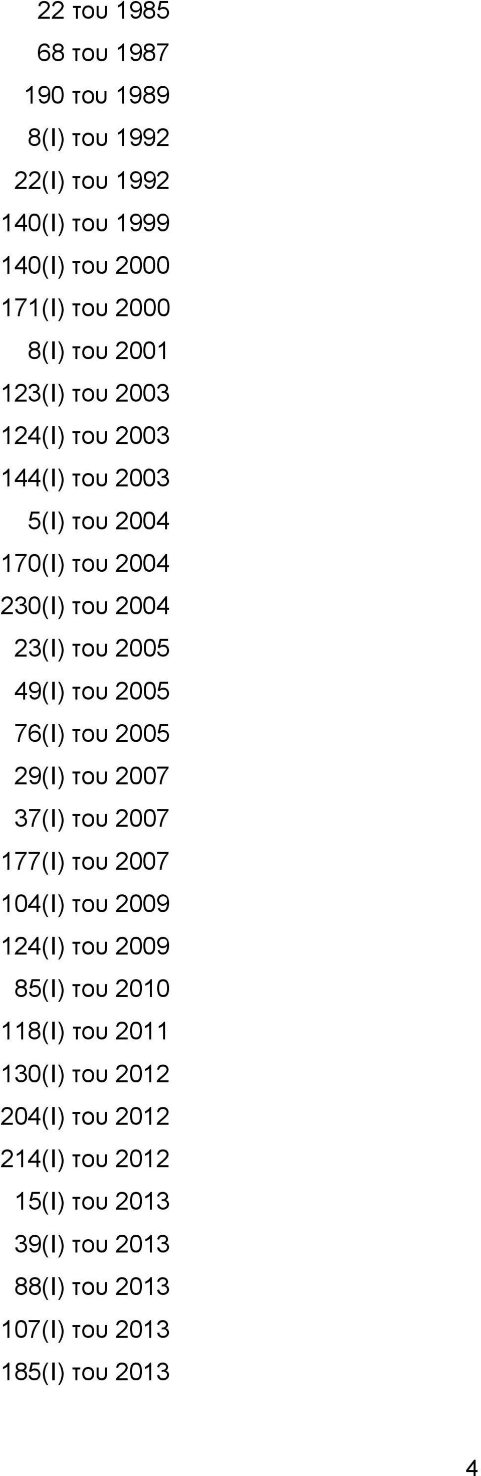 2005 76(Ι) του 2005 29(Ι) του 2007 37(Ι) του 2007 177(Ι) του 2007 104(Ι) του 2009 124(Ι) του 2009 85(Ι) του 2010 118(Ι) του