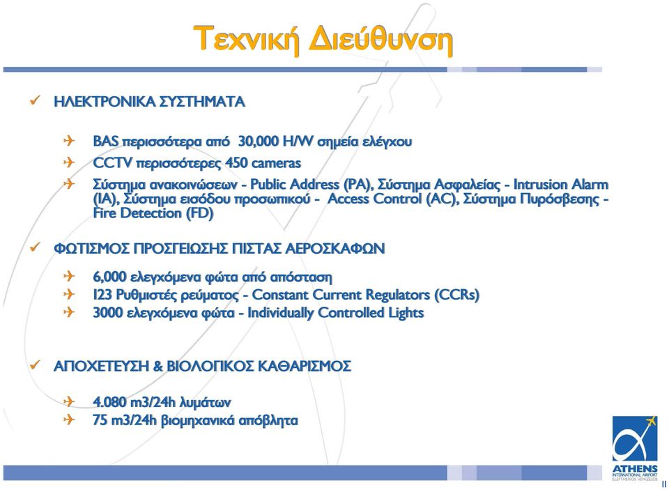 - Fire Detection (FD) ΦΩΤΙΣΜΟΣ ΠΡΟΣΓΕΙΩΣΗΣ ΠΙΣΤΑΣ ΑΕΡΟΣΚΑΦΩΝ 6,000 ελεγχόμενα φώτα από απόσταση 123 Ρυθμιστές ρεύματος - Constant Current