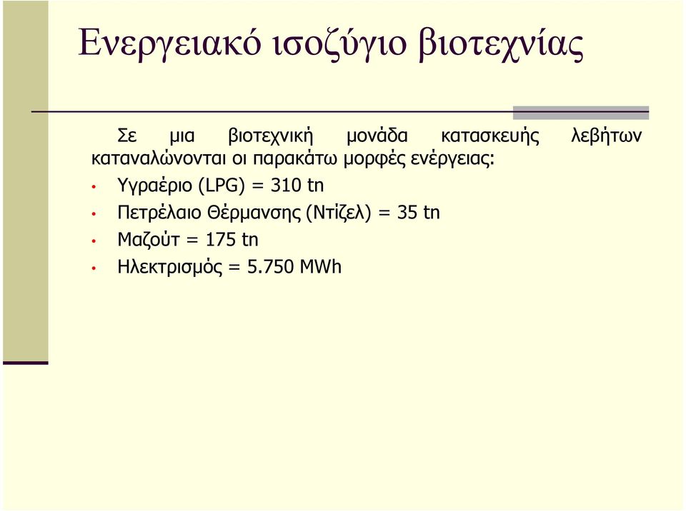 µορφές ενέργειας: Υγραέριο (LPG) = 310 tn Πετρέλαιο