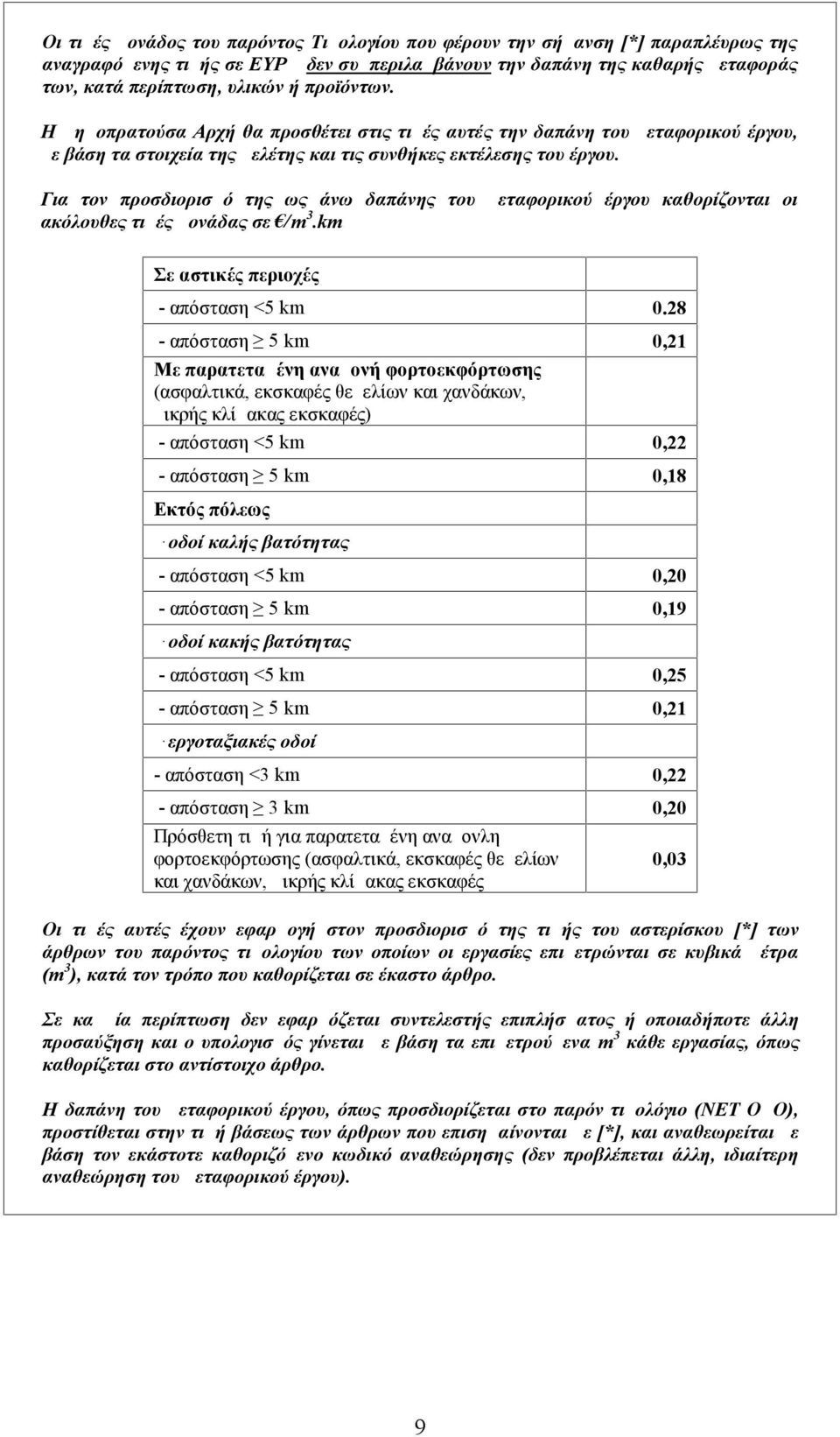 Για τον προσδιορισμό της ως άνω δαπάνης του μεταφορικού έργου καθορίζονται οι ακόλουθες τιμές μονάδας σε /m 3.km Σε αστικές περιοχές - απόσταση <5 km 0.