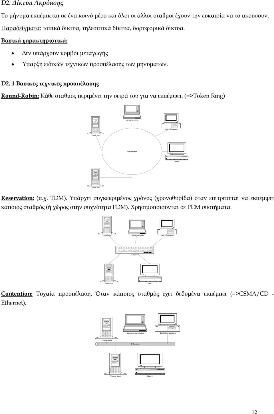 1 Βασικές τεχνικές προσπέλασης Round-Robin: Κάθε σταθµός περιµένει την σειρά του για να εκπέµψει. (=>Token Ring) Laptop computer Tower box Token-ring Mac II Tower box Reservation: (π.χ. TDM).