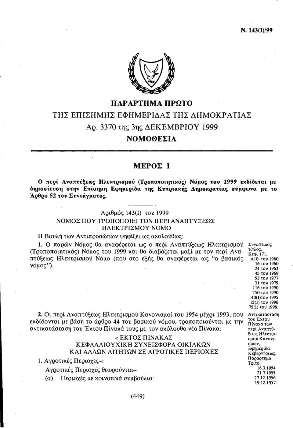 Άρθρο 52 του Συντάγματος. Αριθμός 143(1) του 1999 ΝΟΜΟΣ ΠΟΥ ΤΡΟΠΟΠΟΙΕΙ ΤΟΝ ΠΕΡΙ ΑΝΑΠΤΥΞΕΩΣ ΗΛΕΚΤΡΙΣΜΟΥ ΝΟΜΟ Η Βουλή των Αντιπροσώπων ψηφίζει ως ακολούθως: 1.