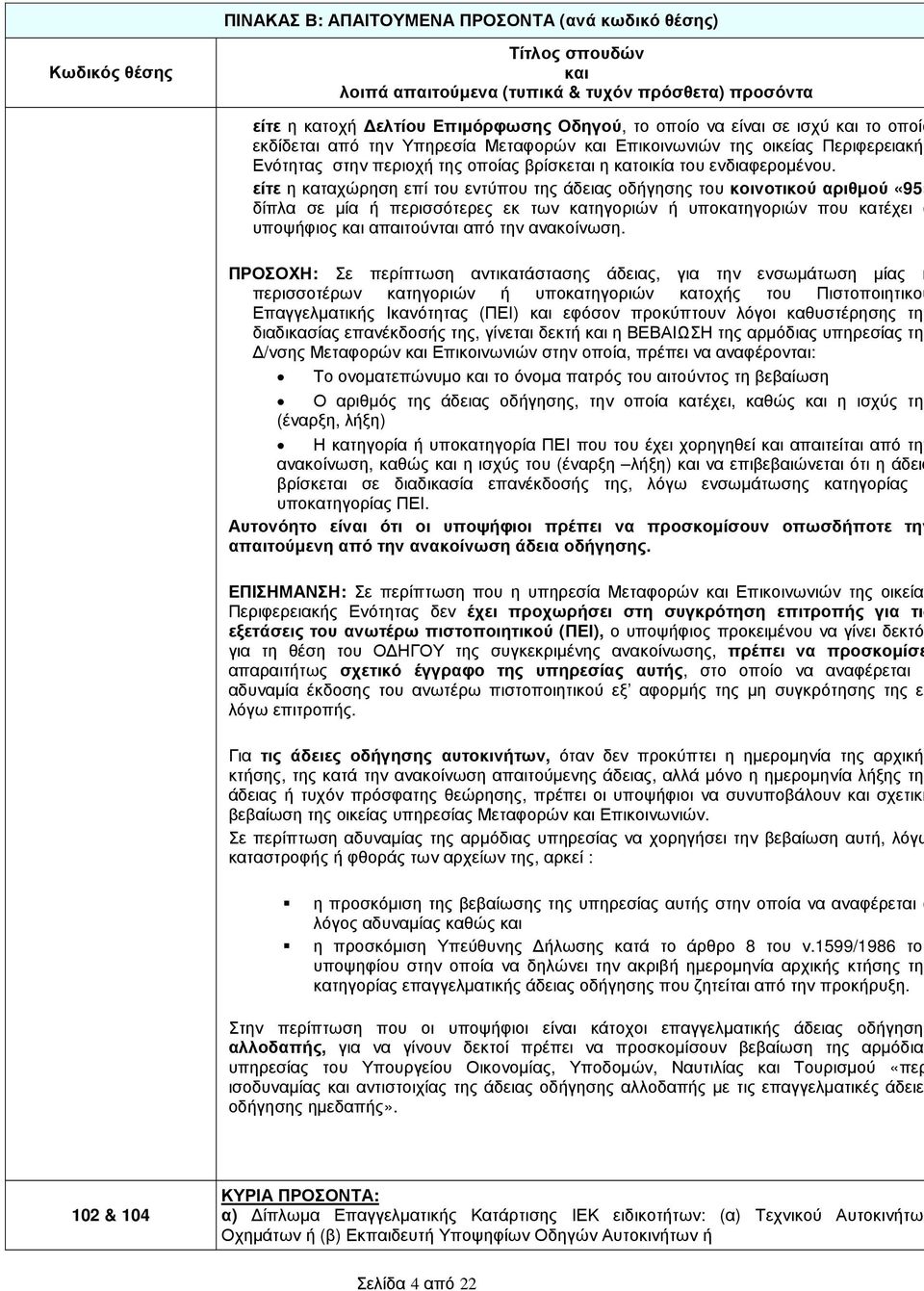 είτε η καταχώρηση επί του εντύπου της άδειας οδήγησης του κοινοτικού αριθµού «95» δίπλα σε µία ή περισσότερες εκ των κατηγοριών ή υποκατηγοριών που κατέχει ο υποψήφιος απαιτούνται από την ανακοίνωση.