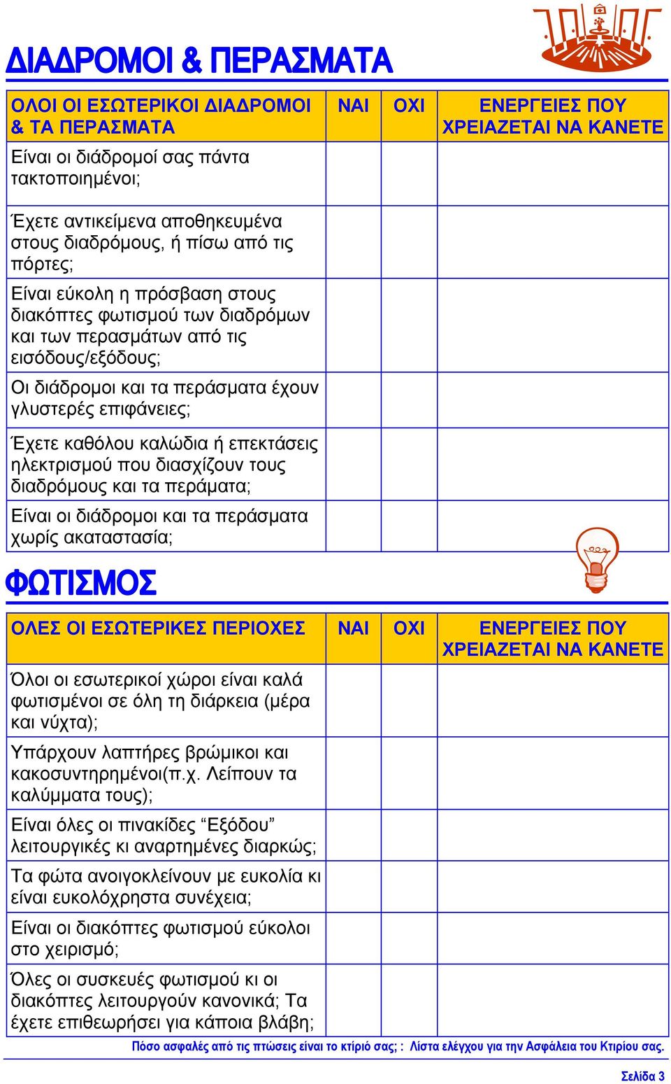 διαδρόµους και τα περάµατα; Είναι οι διάδροµοι και τα περάσµατα χωρίς ακαταστασία; ΟΛΕΣ ΟΙ ΕΣΩΤΕΡΙΚΕΣ ΠΕΡΙΟΧΕΣ Όλοι οι εσωτερικοί χώροι είναι καλά φωτισµένοι σε όλη τη διάρκεια (µέρα και νύχτα);