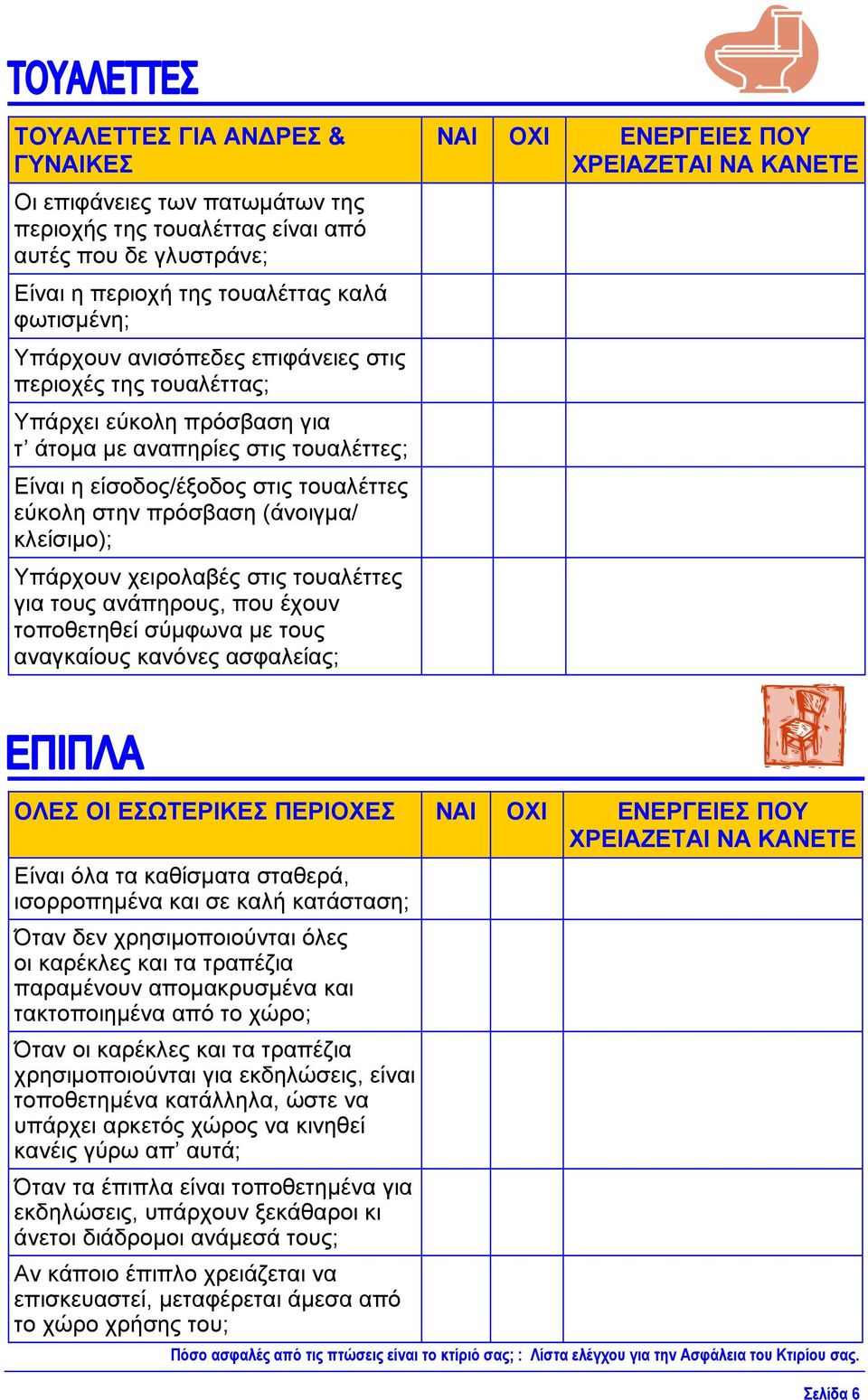 χειρολαβές στις τουαλέττες για τους ανάπηρους, που έχουν τοποθετηθεί σύµφωνα µε τους αναγκαίους κανόνες ασφαλείας; ΟΛΕΣ ΟΙ ΕΣΩΤΕΡΙΚΕΣ ΠΕΡΙΟΧΕΣ Είναι όλα τα καθίσµατα σταθερά, ισορροπηµένα και σε καλή