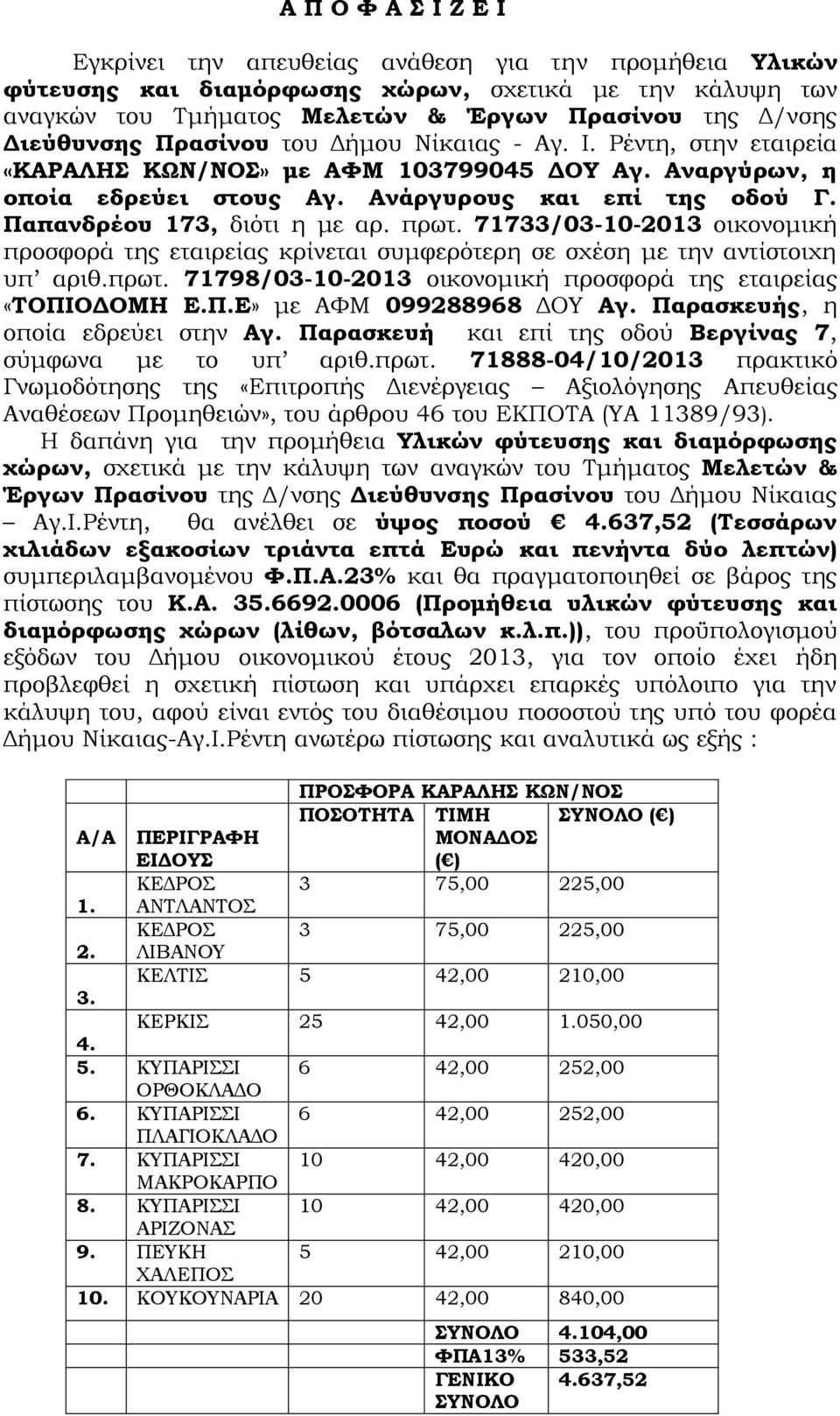 Παπανδρέου 173, διότι η με αρ. πρωτ. 71733/03-10-2013 οικονομική προσφορά της εταιρείας κρίνεται συμφερότερη σε σχέση με την αντίστοιχη υπ αριθ.πρωτ. 71798/03-10-2013 οικονομική προσφορά της εταιρείας «ΤΟΠΙΟΔΟΜΗ Ε.