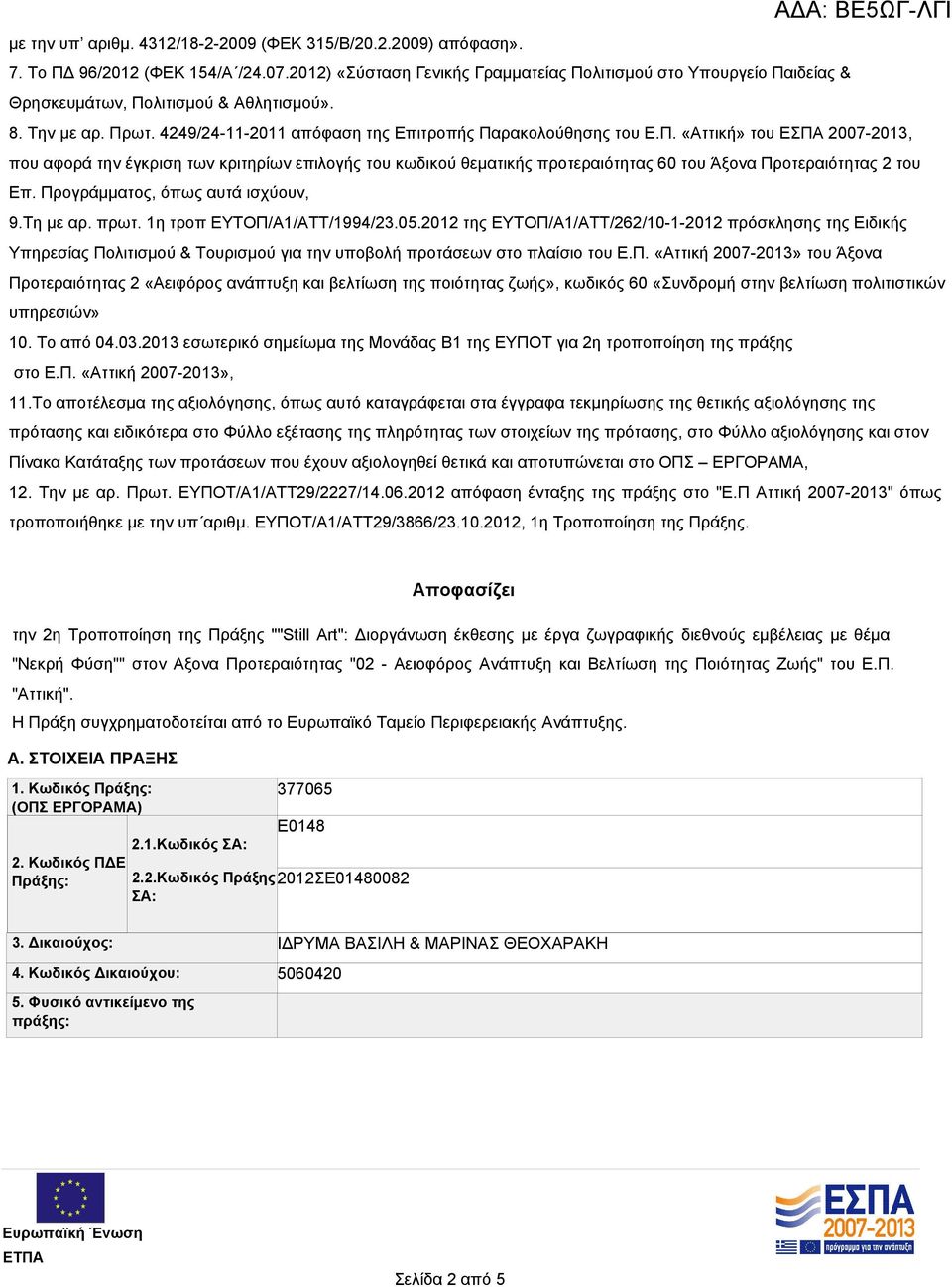 Προγράμματος, όπως αυτά ισχύουν, 9.Τη με αρ. πρωτ. 1η τροπ ΕΥΤΟΠ/Α1/ΑΤΤ/1994/23.05.