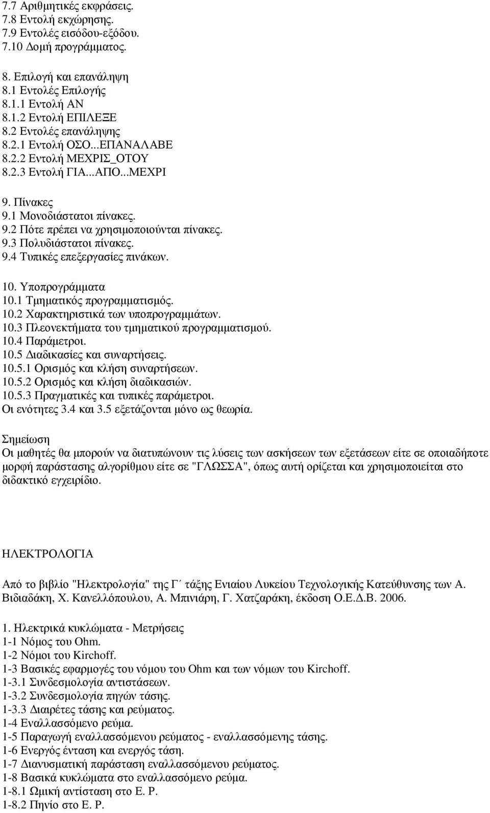 9.4 Τυπικές επεξεργασίες πινάκων. 10. Υποπρογράµµατα 10.1 Τµηµατικός προγραµµατισµός. 10.2 Χαρακτηριστικά των υποπρογραµµάτων. 10.3 Πλεονεκτήµατα του τµηµατικού προγραµµατισµού. 10.4 Παράµετροι. 10.5 ιαδικασίες και συναρτήσεις.