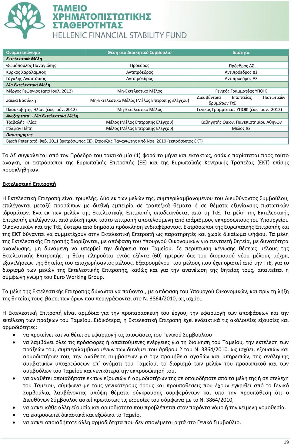 2012) Μη-Εκτελεστικό Μέλος Γενικός Γραμματέας ΥΠΟΙΚ Ζάκκα Βασιλική Μη-Εκτελεστικό Μέλος (Μέλος Επιτροπής ελέγχου) Διευθύντρια Εποπτείας Πιστωτικών Ιδρυμάτων ΤτΕ Πλασκοβήτης Ηλίας (έως Ιούν.