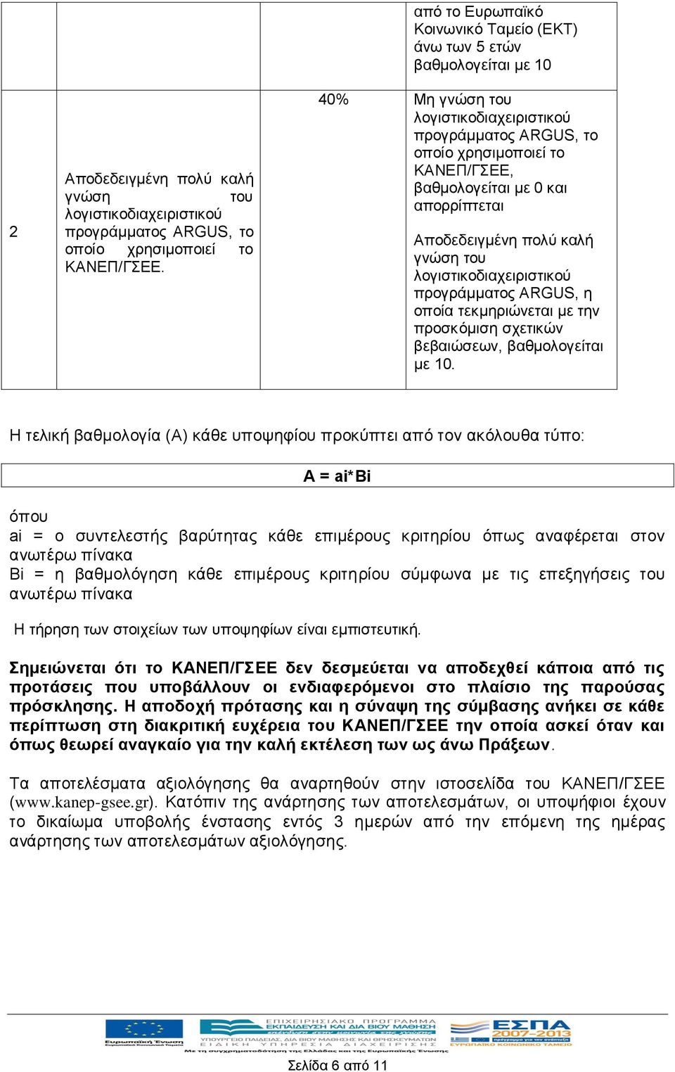 Αποδεδειγμένη πολύ καλή γνώση του λογιστικοδιαχειριστικού προγράμματος ARGUS, η οποία τεκμηριώνεται με την προσκόμιση σχετικών βεβαιώσεων, βαθμολογείται με 10.