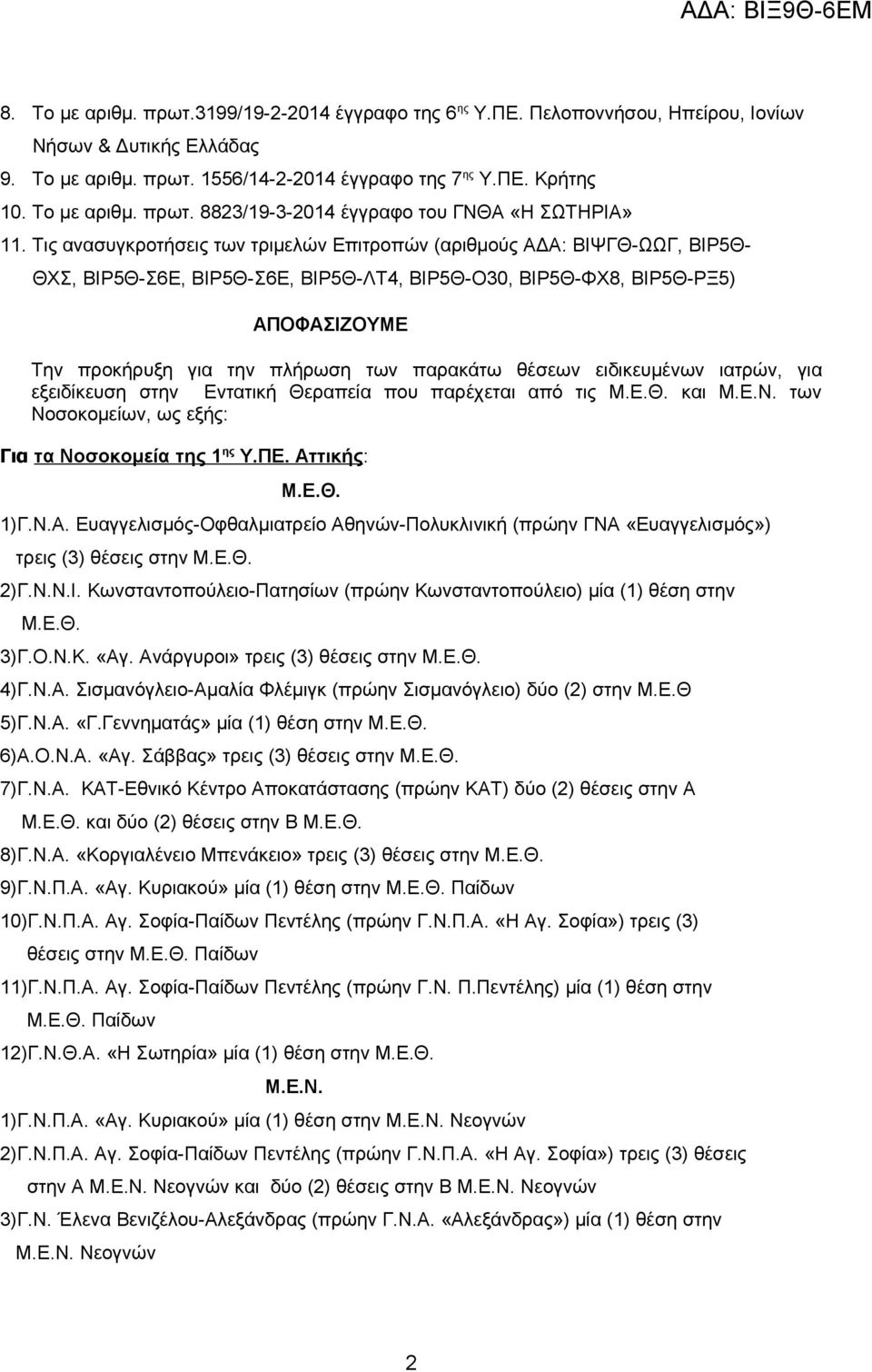 παρακάτω θέσεων ειδικευμένων ιατρών, για εξειδίκευση στην Εντατική Θεραπεία που παρέχεται από τις και των Νοσοκομείων, ως εξής: Για τα Νοσοκομεία της 1 ης Υ.ΠΕ. Ατ