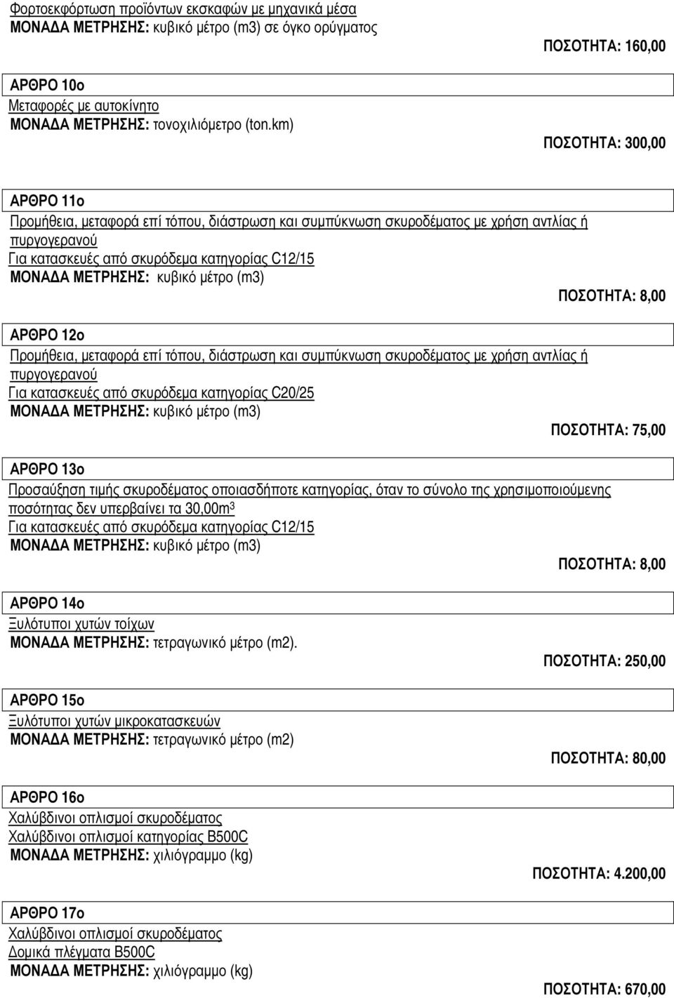 ΜΟΝΑ Α ΜΕΤΡΗΣΗΣ: κυβικό µέτρο (m3) ΠΟΣΟΤΗΤΑ: 8,00 ΑΡΘΡΟ 12ο Προµήθεια, µεταφορά επί τόπου, διάστρωση και συµπύκνωση σκυροδέµατος µε χρήση αντλίας ή πυργογερανού Για κατασκευές από σκυρόδεµα