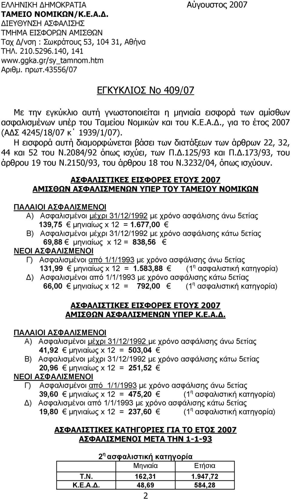 , για το έτος 2007 (ΑΔΣ 4245/18/07 κ 1939/1/07). Η εισφορά αυτή διαμορφώνεται βάσει των διατάξεων των άρθρων 22, 32, 44 και 52 του Ν.2084/92 όπως ισχύει, των Π.Δ.125/93 και Π.Δ.173/93, του άρθρου 19 του Ν.