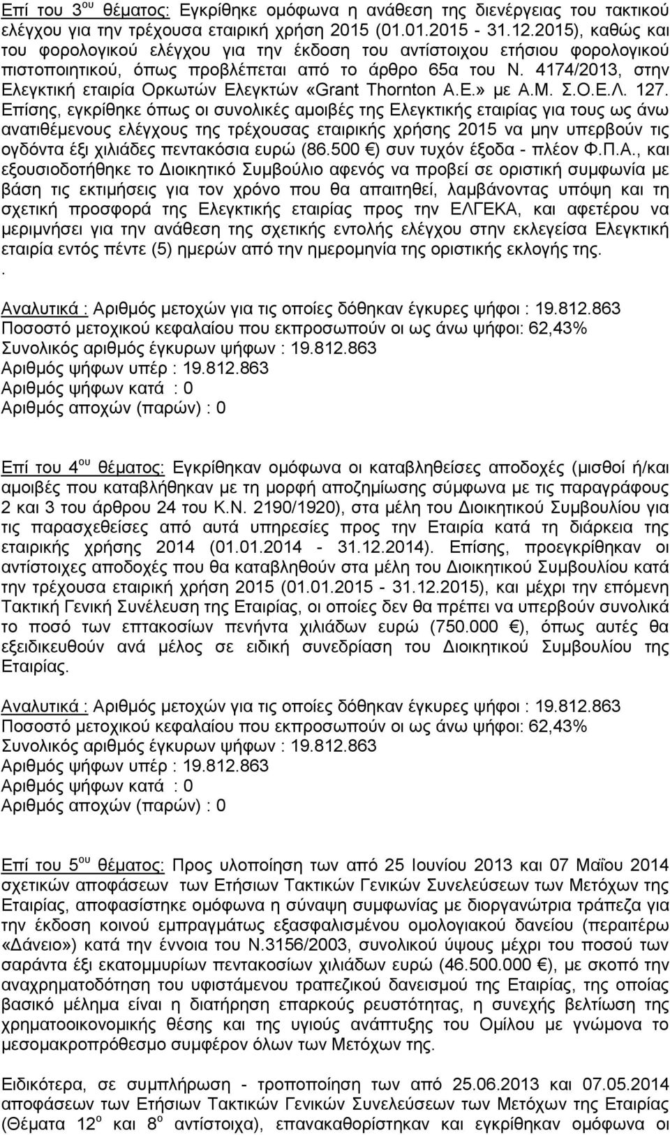 4174/2013, στην Ελεγκτική εταιρία Ορκωτών Ελεγκτών «Grant Thornton A.E.» με Α.Μ. Σ.Ο.Ε.Λ. 127.