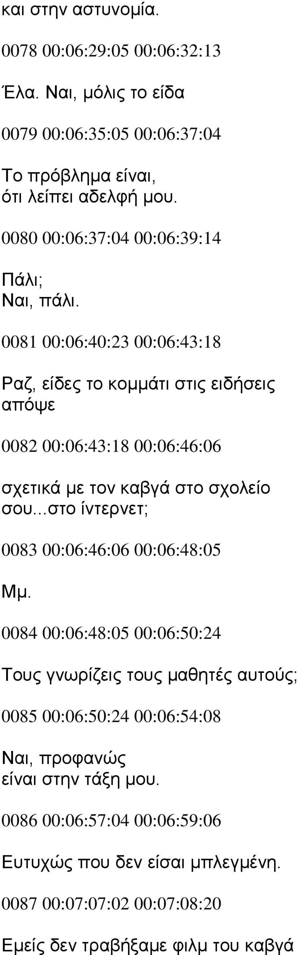 0081 00:06:40:23 00:06:43:18 Ραζ, είδες το κομμάτι στις ειδήσεις απόψε 0082 00:06:43:18 00:06:46:06 σχετικά με τον καβγά στο σχολείο σου.